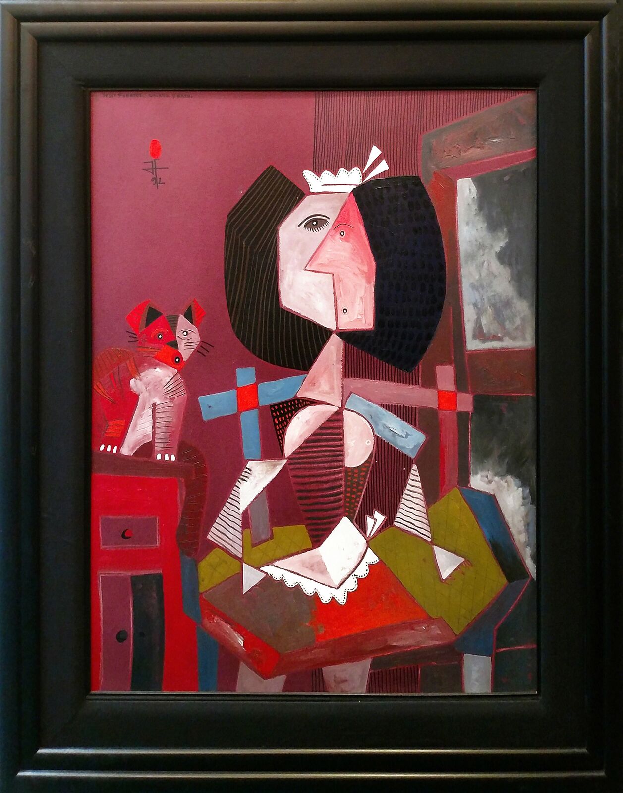 A painting of a woman with a cat in a black frame.