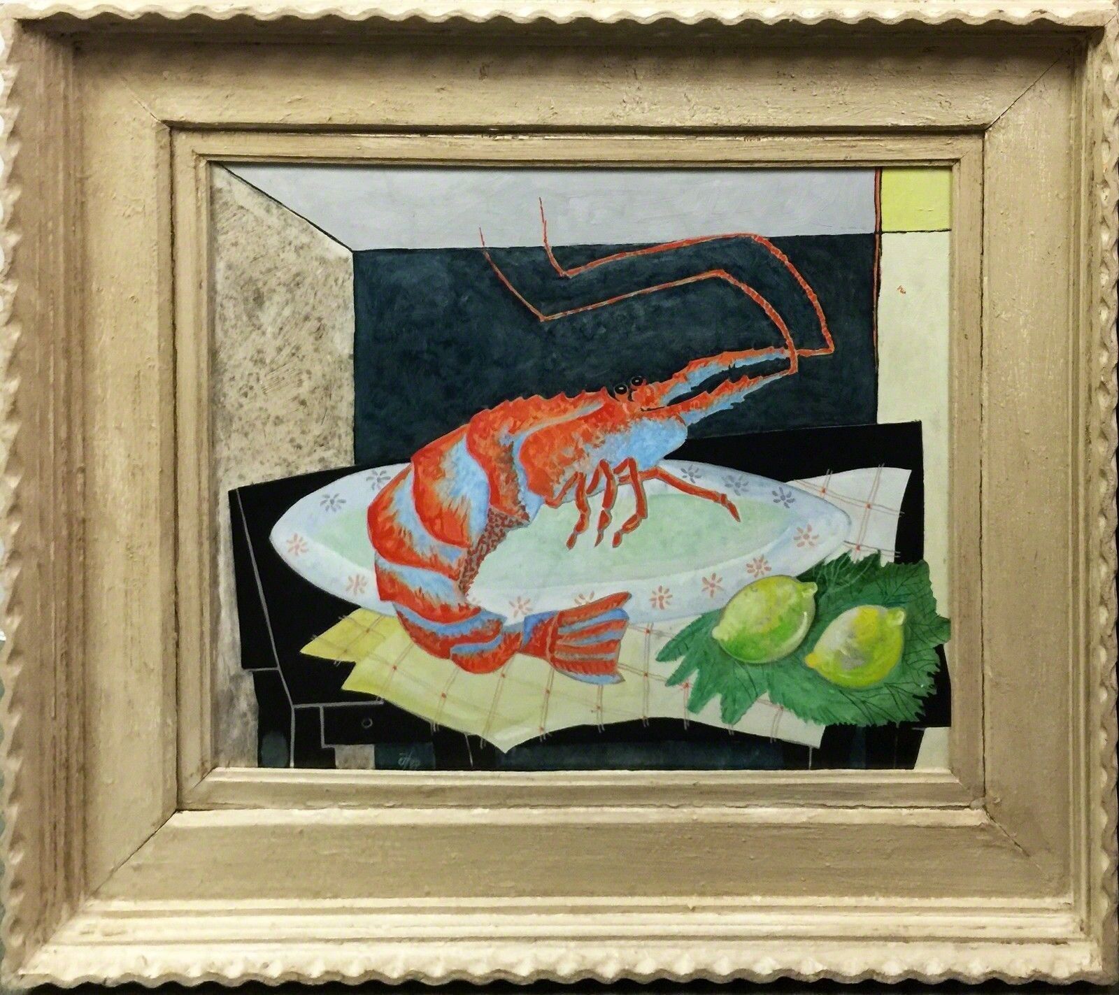 A painting of a lobster on a plate with lemons.