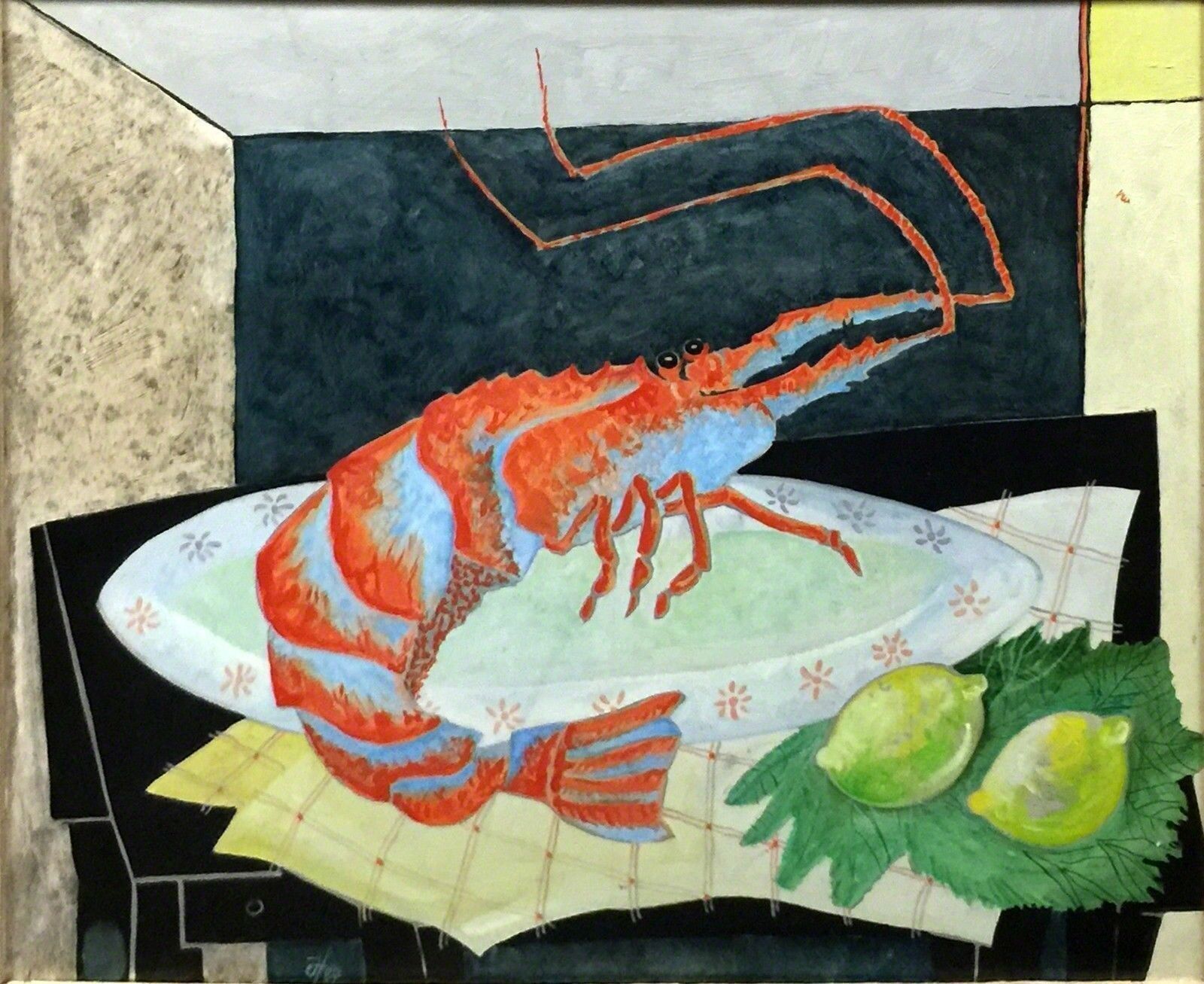 A painting of a lobster on a plate with lemons.