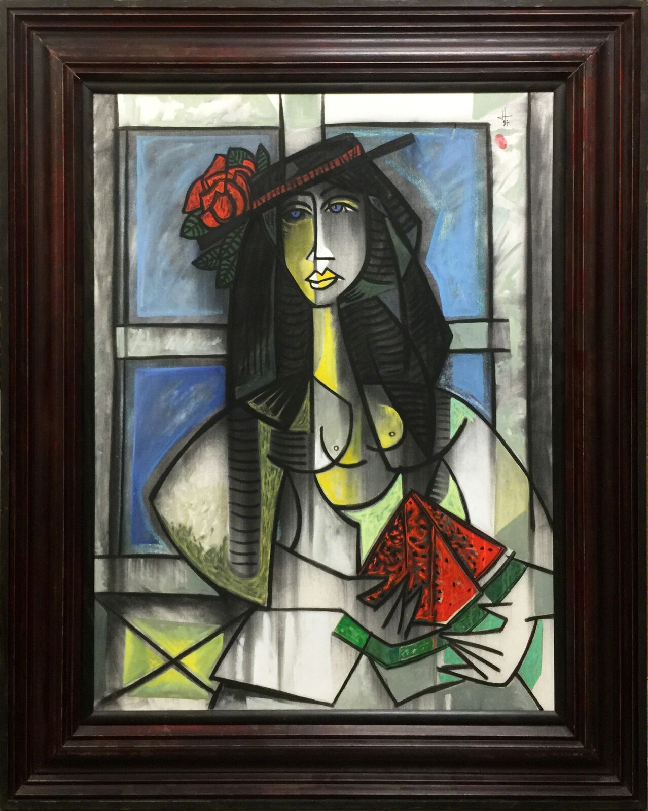A painting of a woman with a hat and a fan.