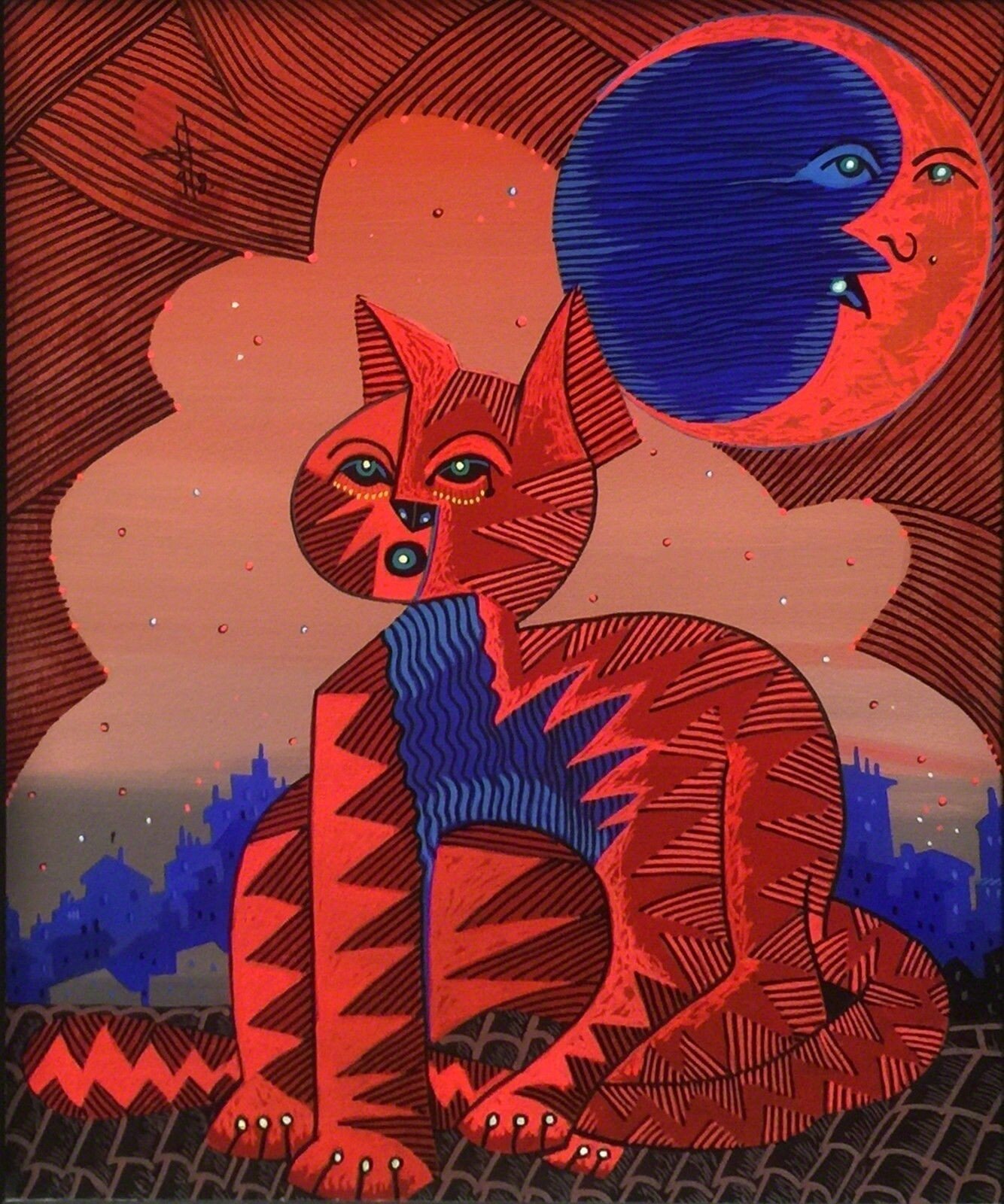 A painting of a cat sitting in front of a full moon.