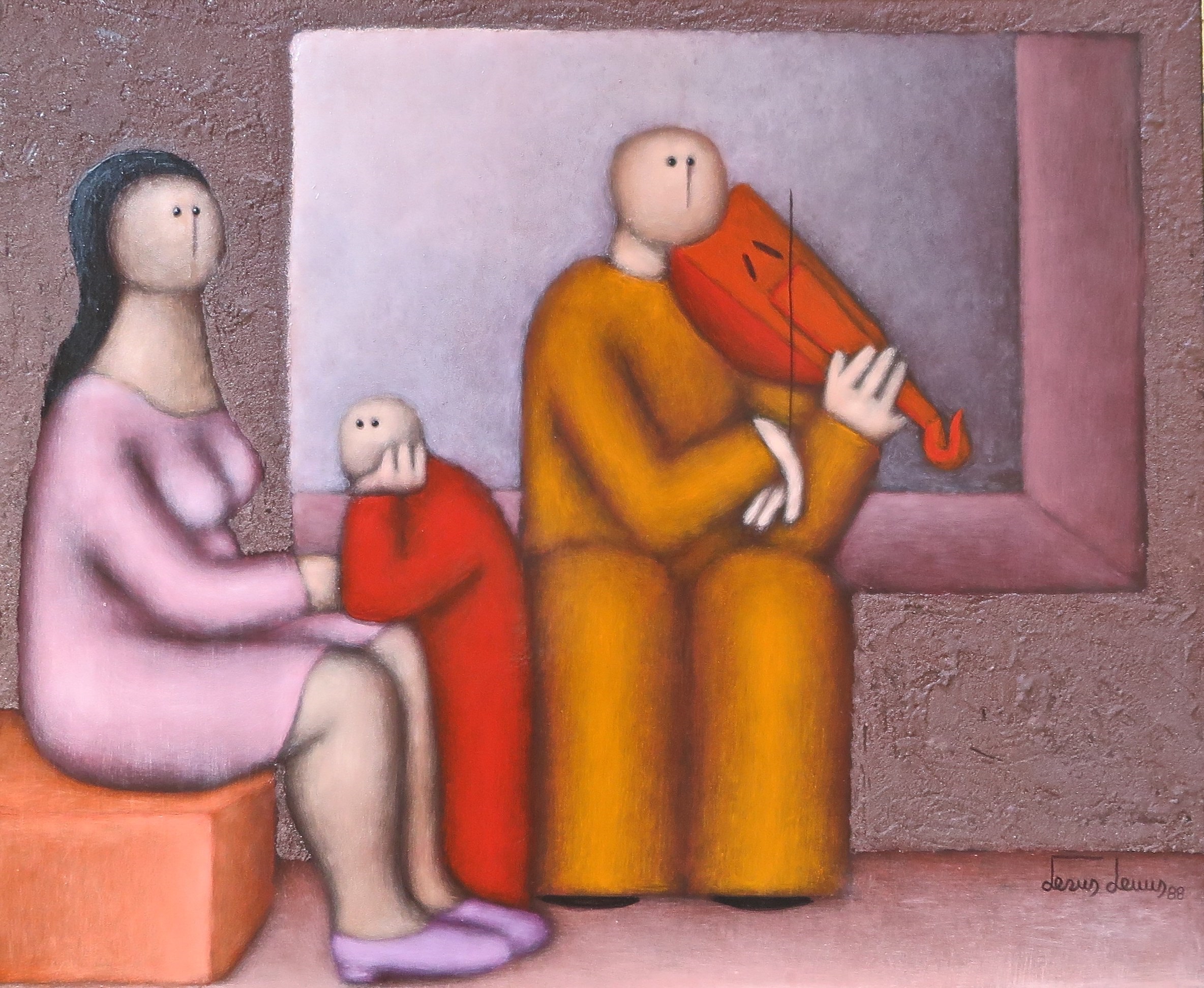 A painting of a man and woman sitting on a bench with a child.