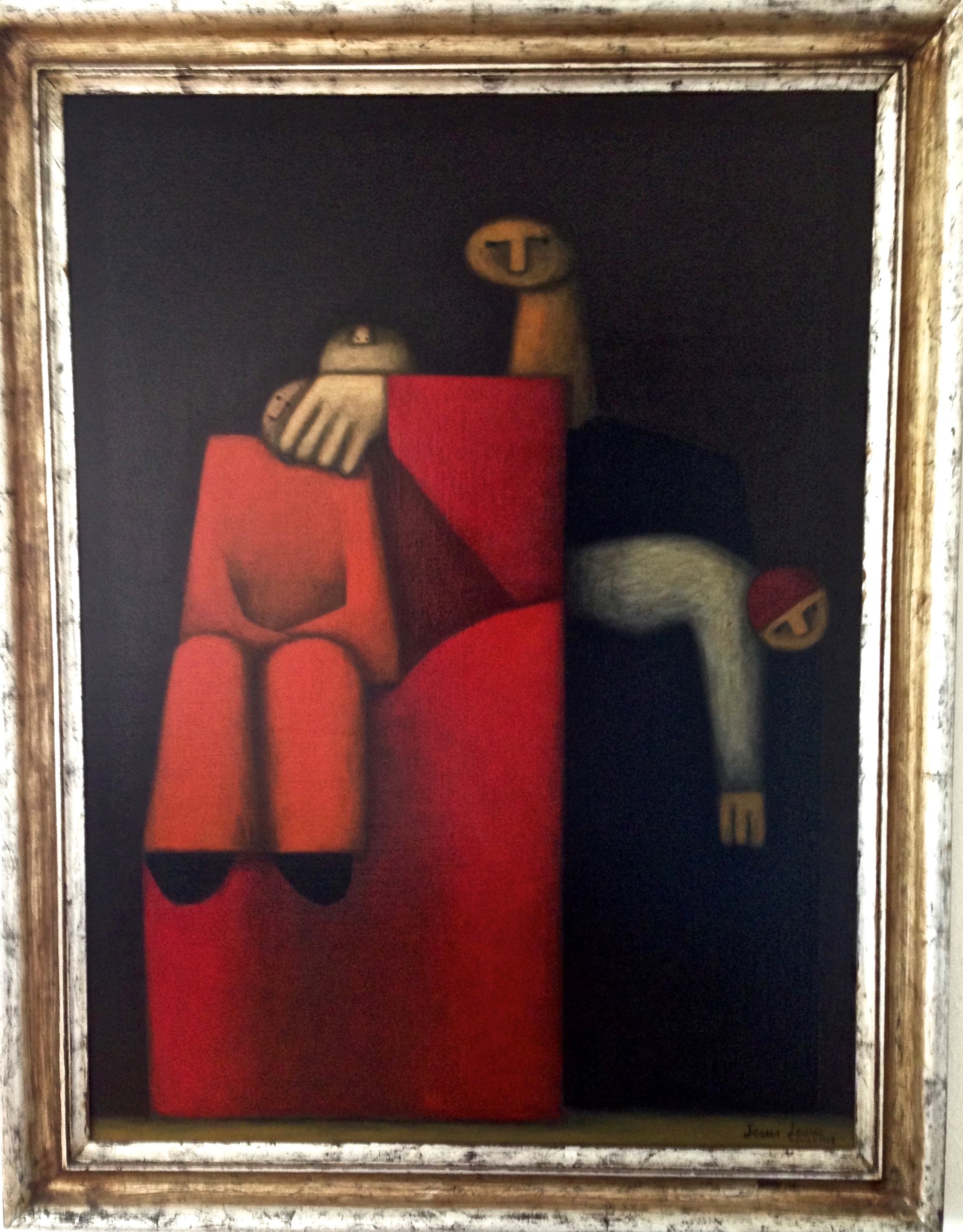 A painting of a man and a woman sitting on a red couch.