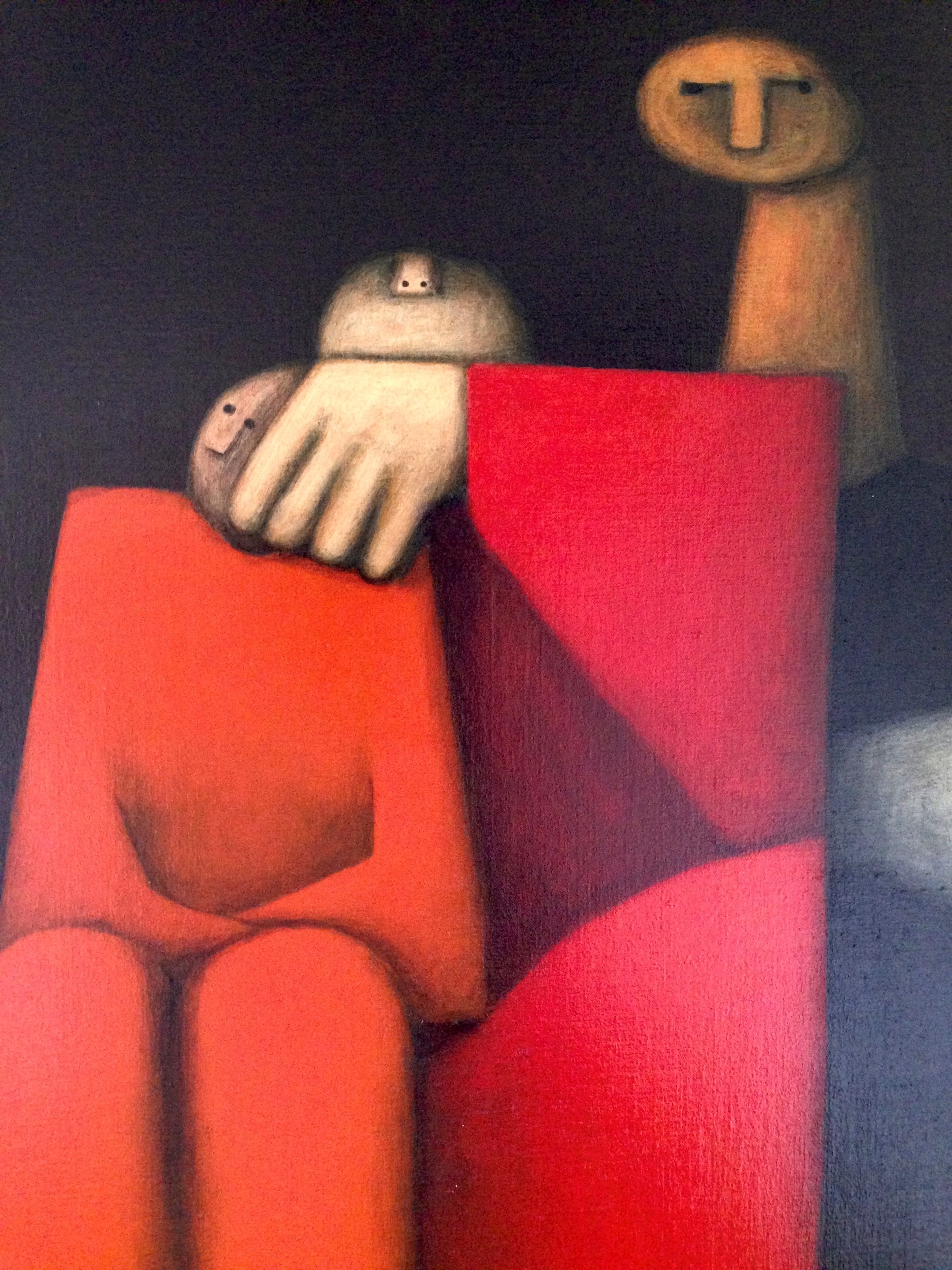 A painting of a man and a woman sitting on a red couch.