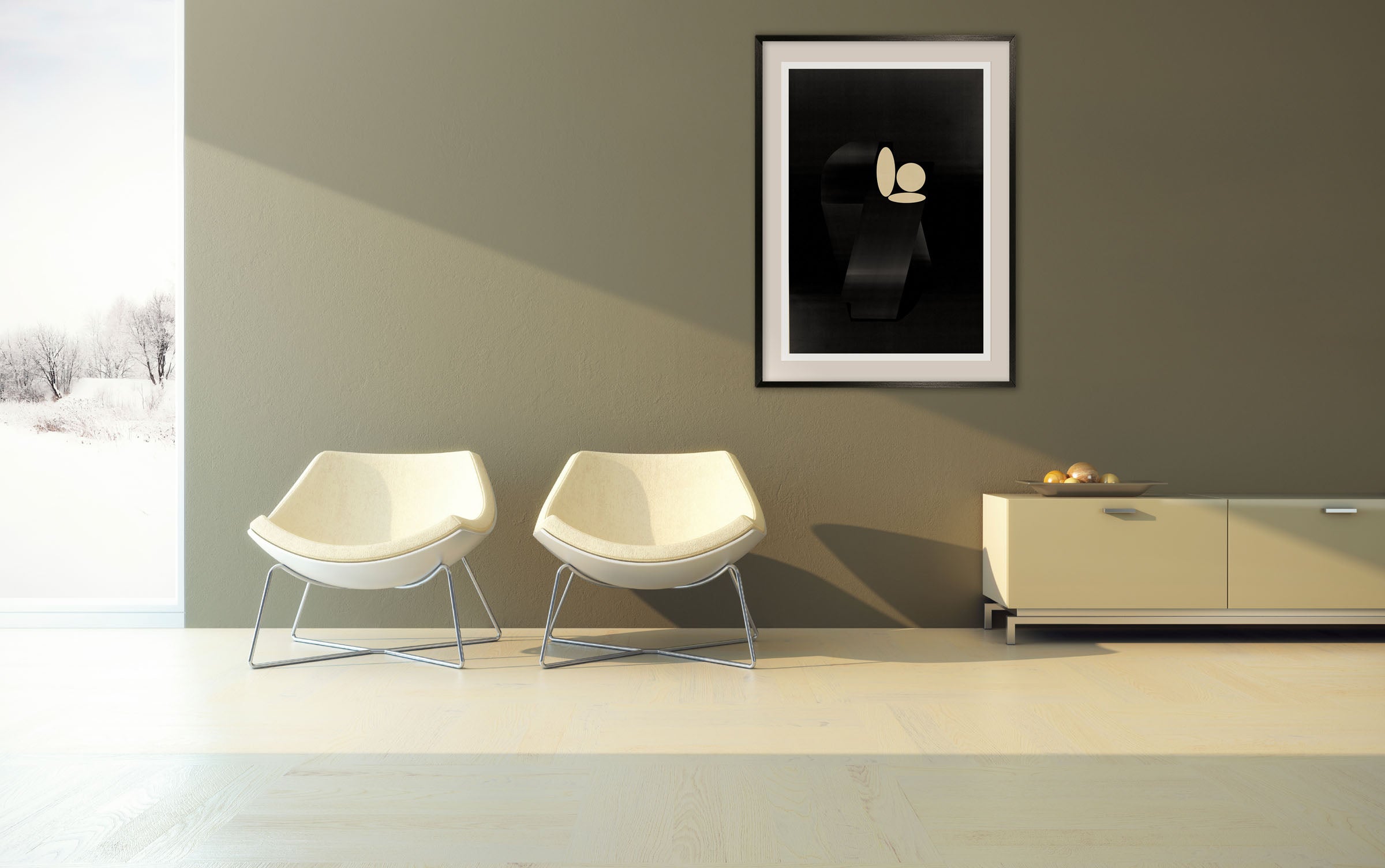 A black and white poster with a black and gold design.