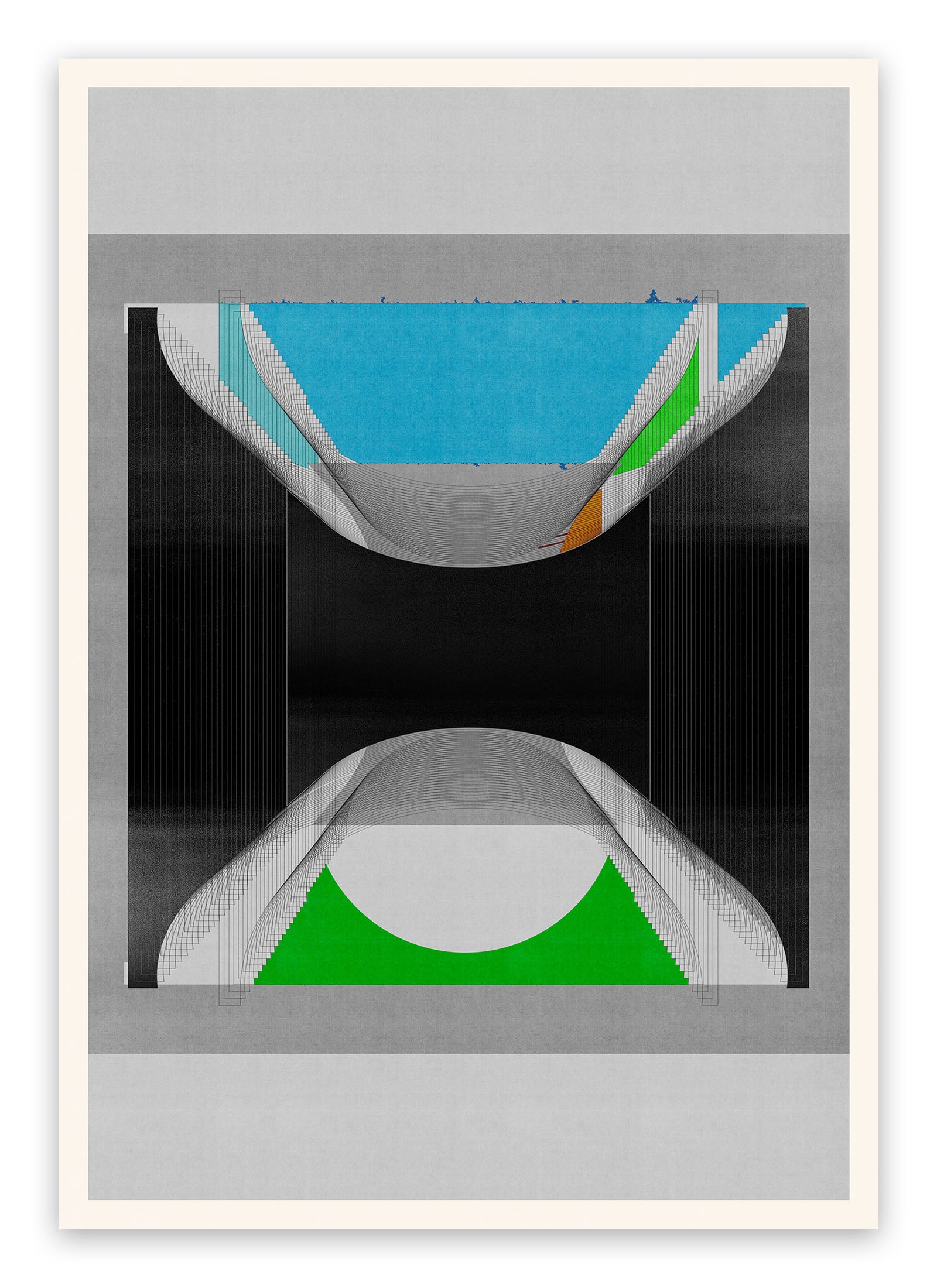 A picture of a blue and green abstract painting on a white wall.