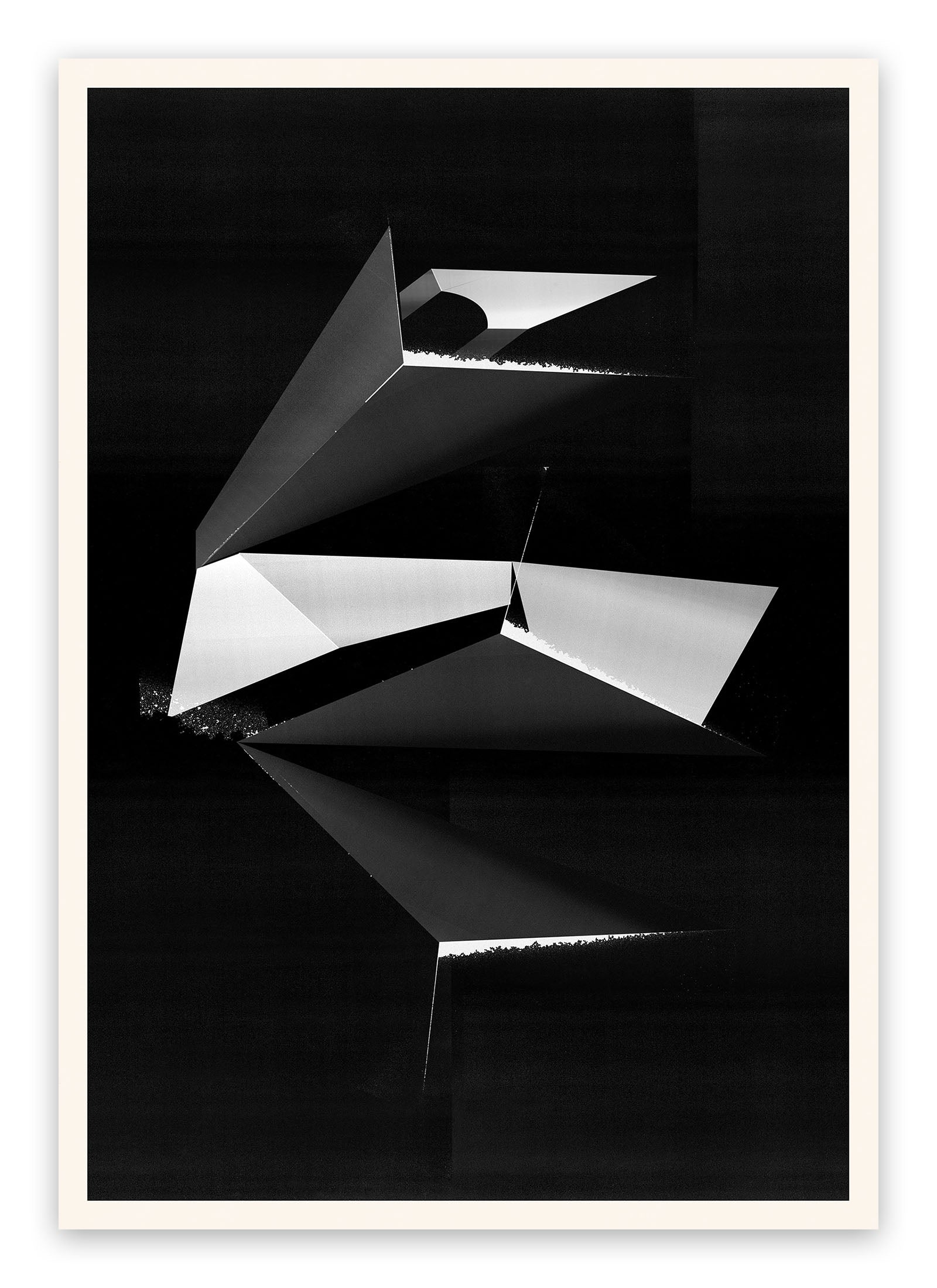 A black and white photo of a black and silver abstract painting.