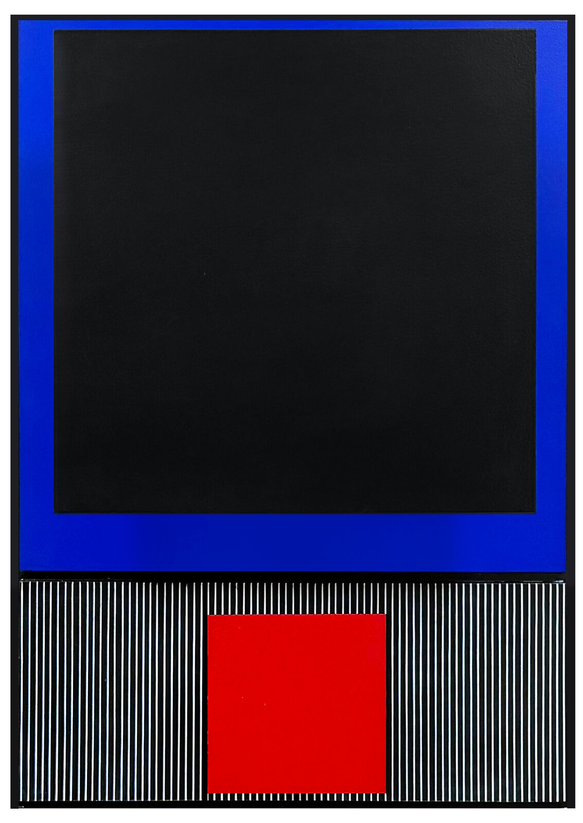 A black and blue painting with a red square in the middle.
