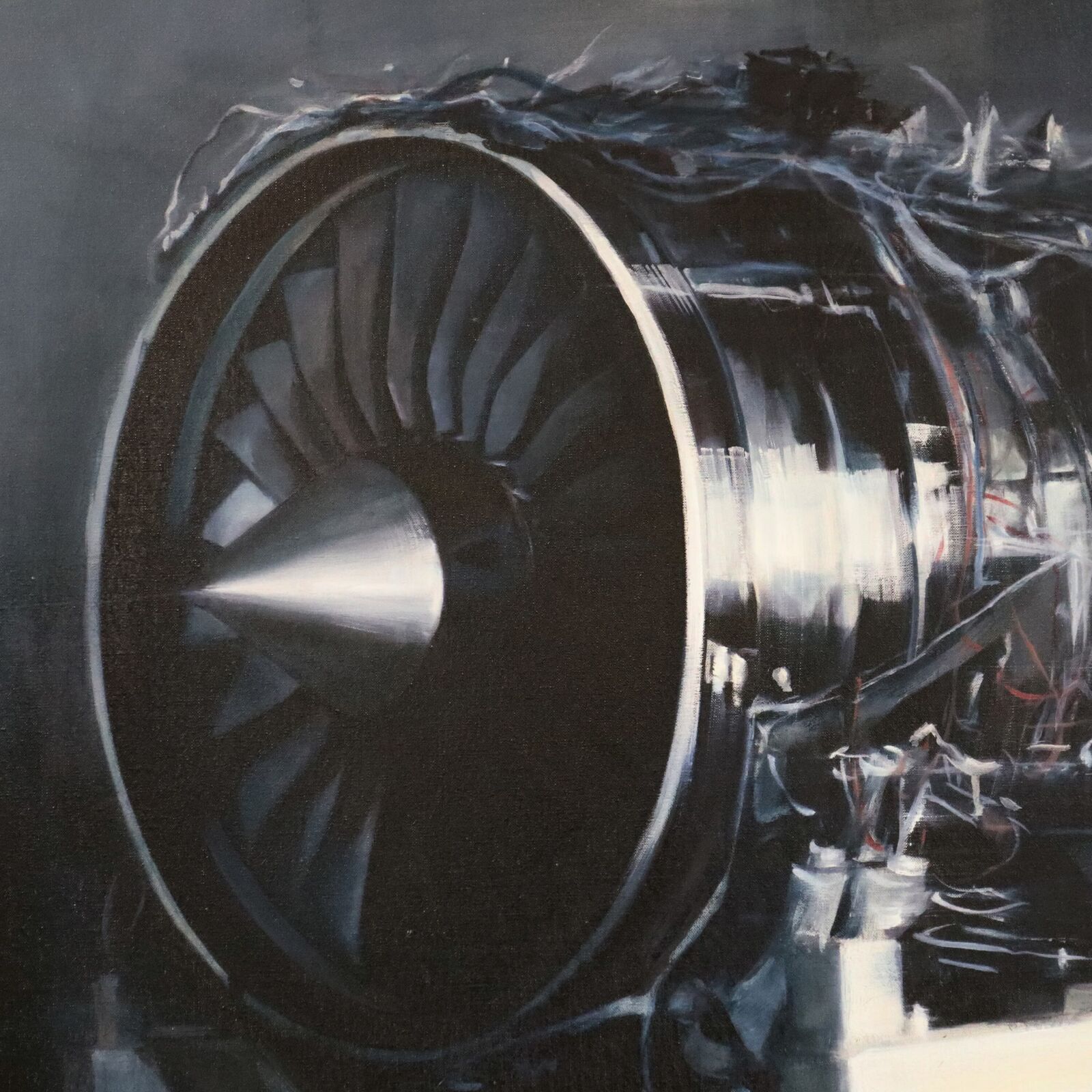 A painting of a jet engine on a cart in a hangar.