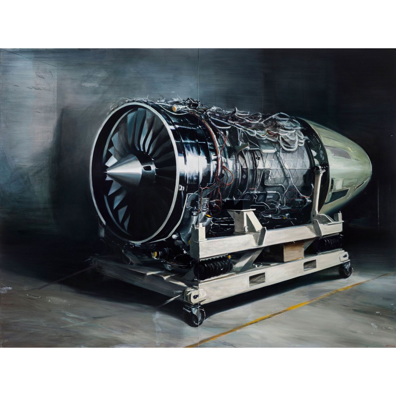 A painting of a jet engine on a cart in a hangar.