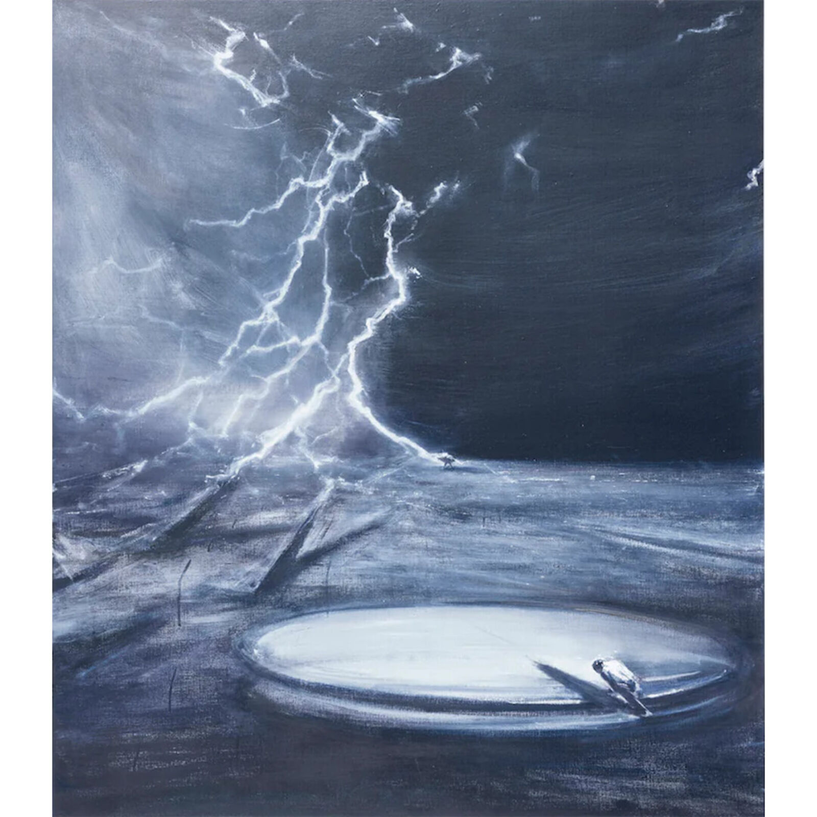 A painting of a lightning storm over a body of water.