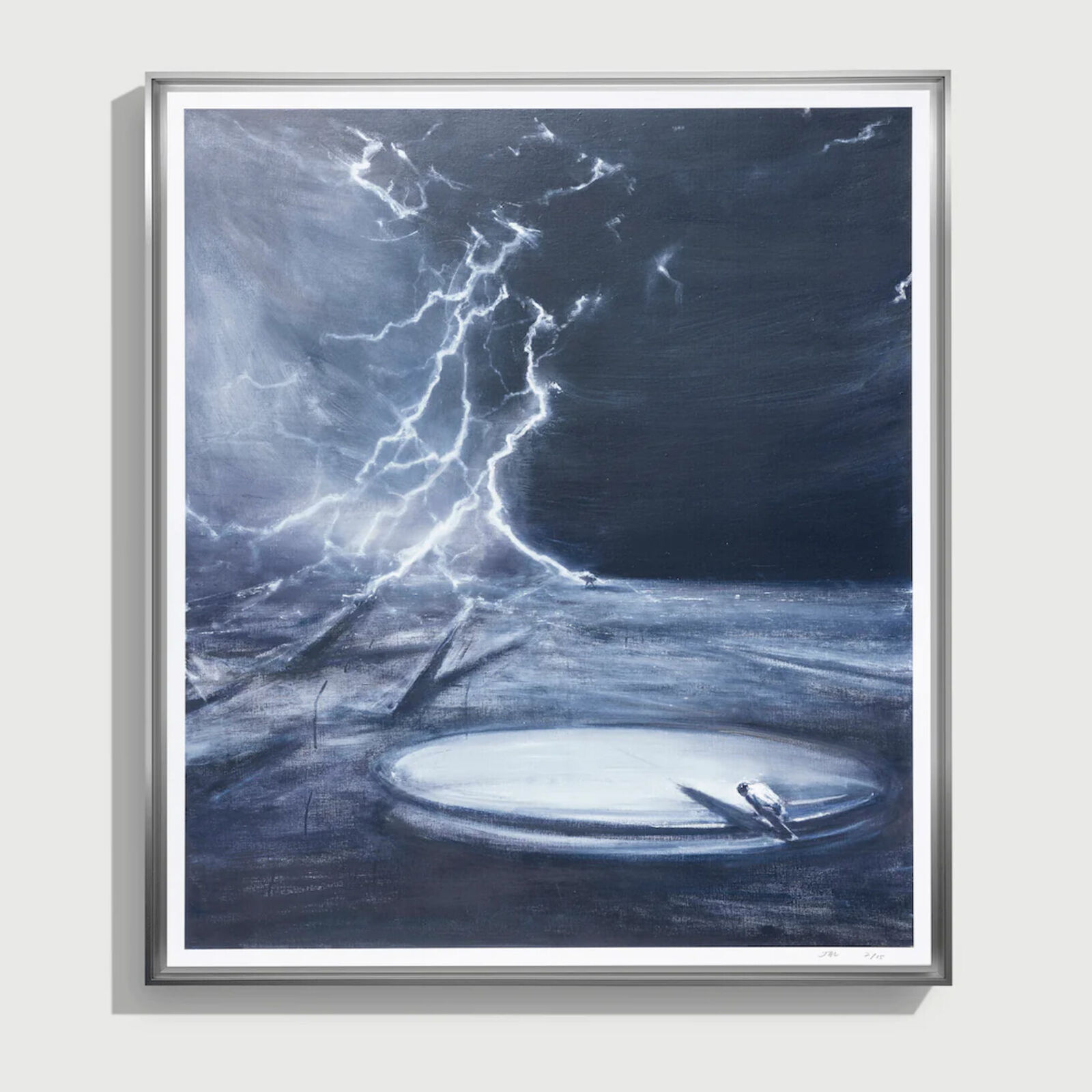 A painting of a lightning storm over a body of water.