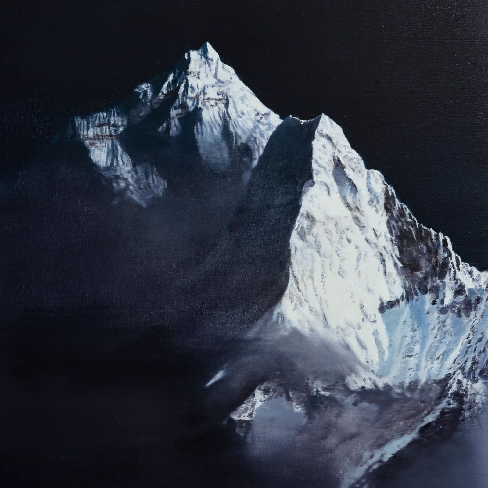 A painting of a snow covered mountain in the dark.