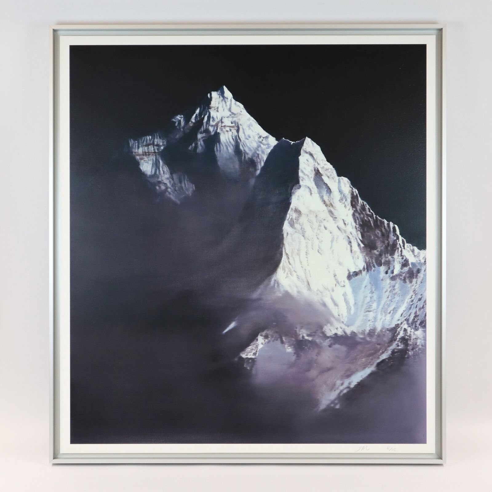A painting of a snow covered mountain in the dark.