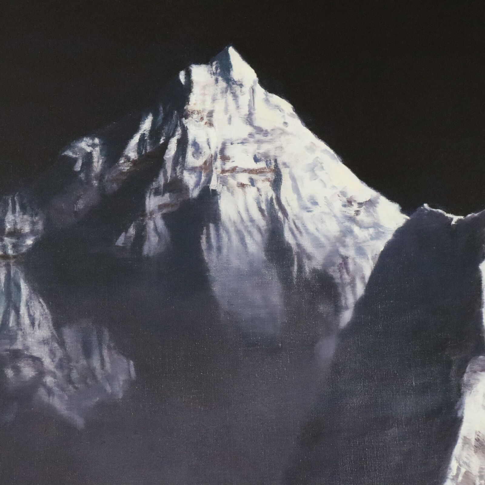 A painting of a snow covered mountain in the dark.