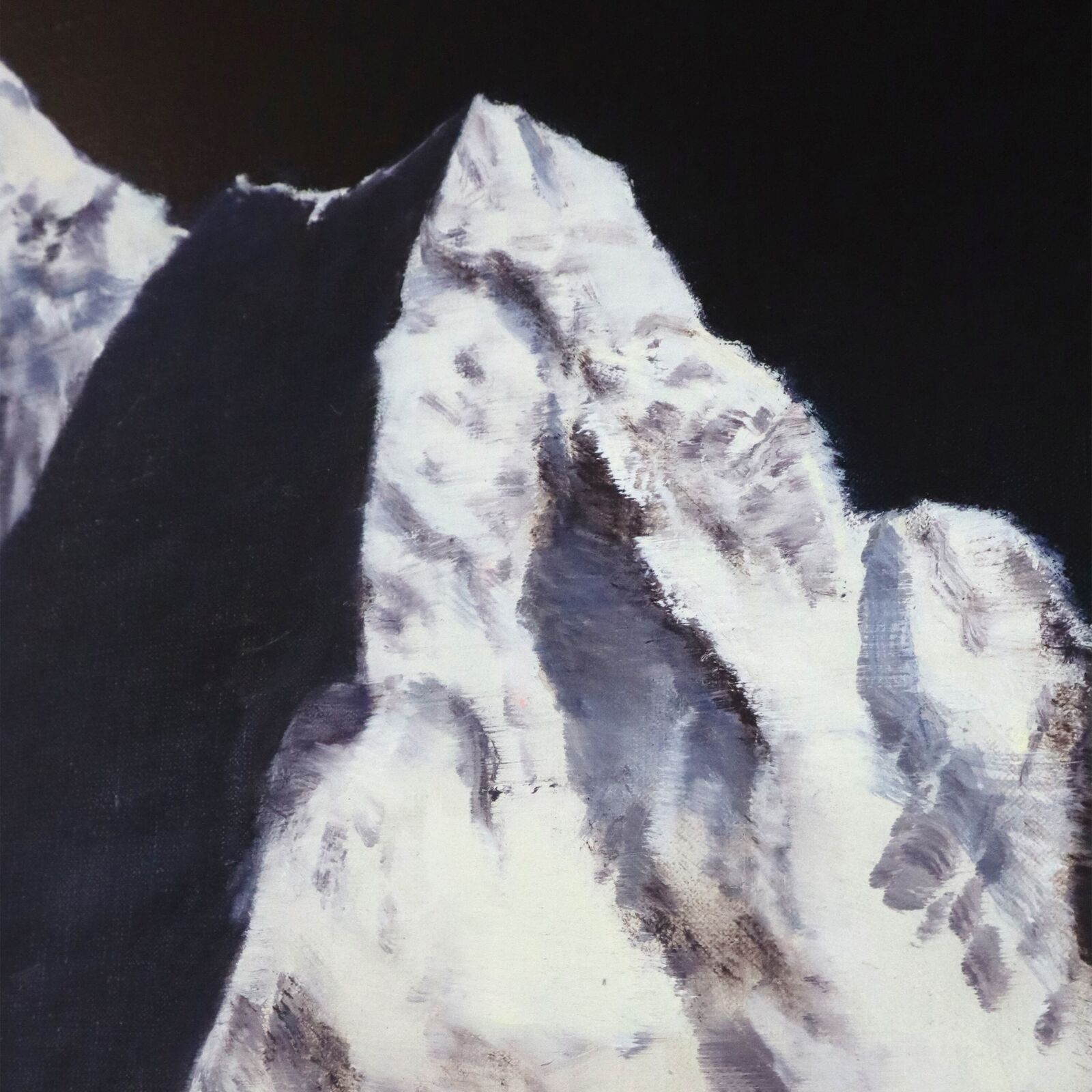 A painting of a snow covered mountain in the dark.