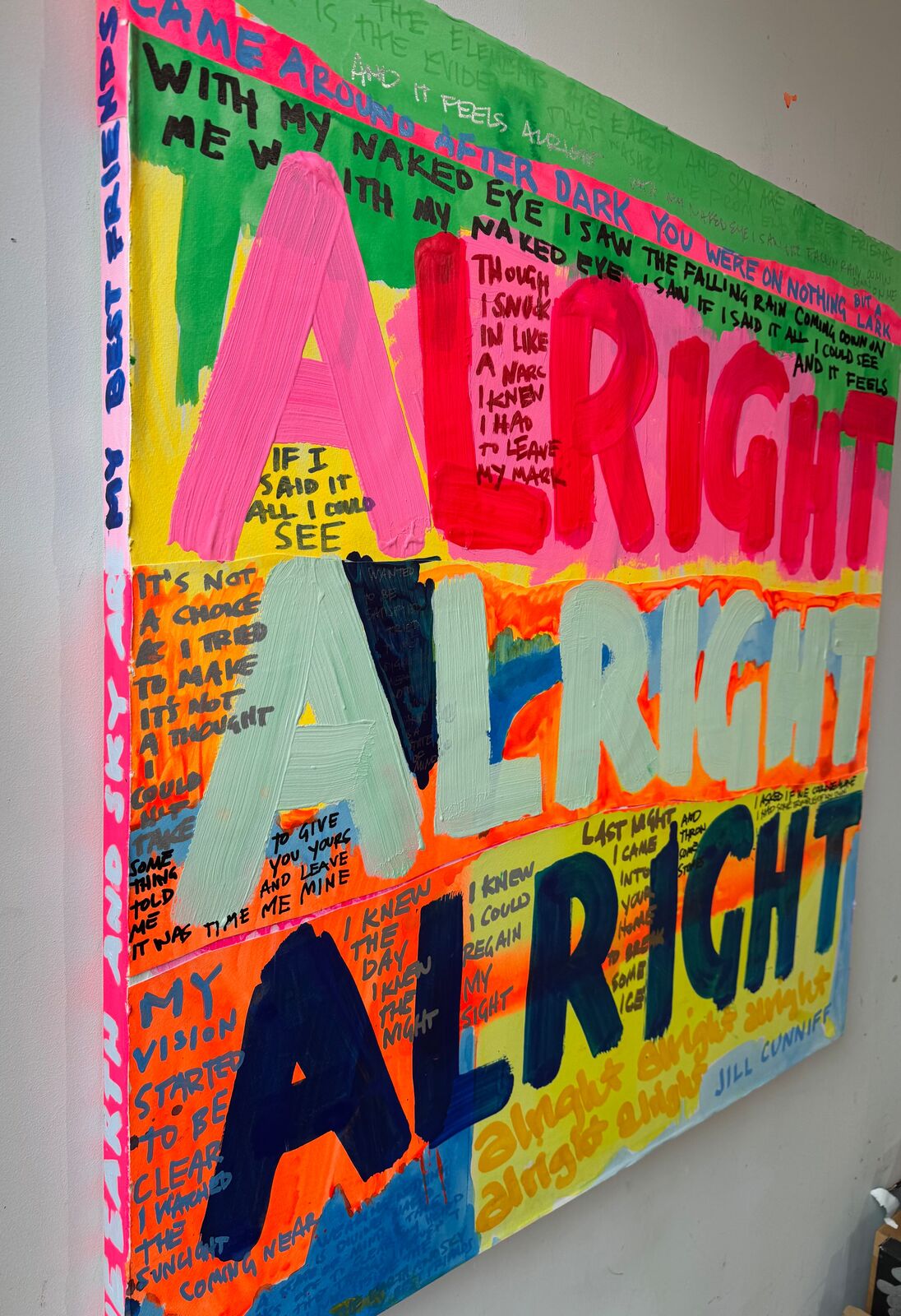 A colorful painting with the words alright alright all right on it.