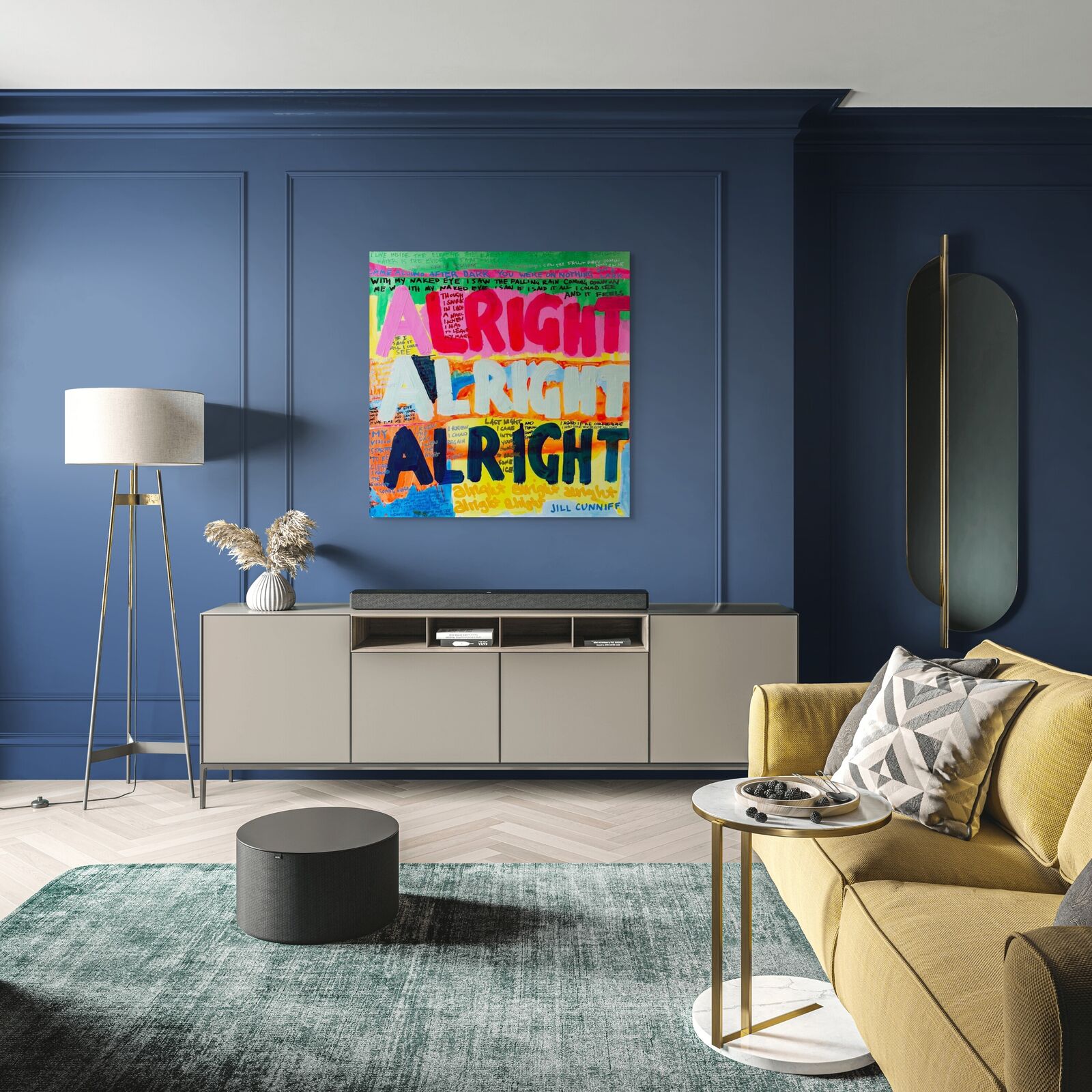 A colorful painting with the words alright alright all right on it.