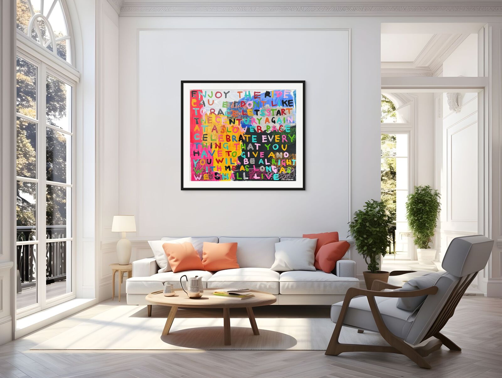 A colorful painting with a quote on it that says enjoy the ride.