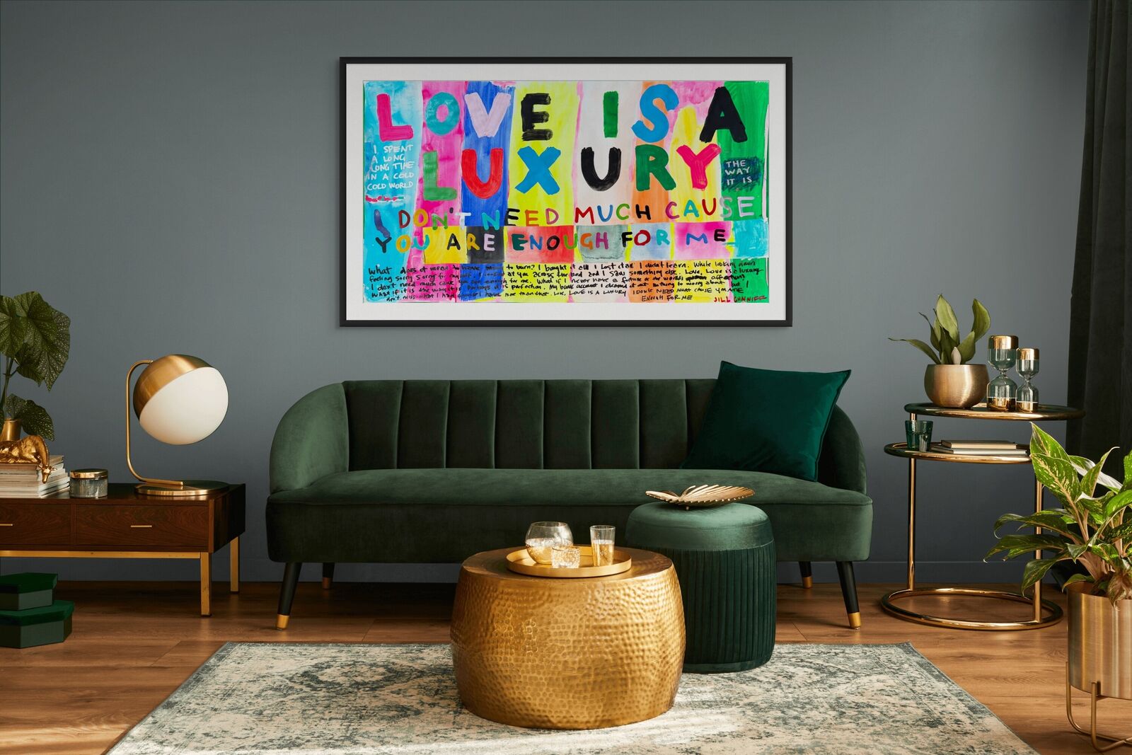 A painting with the words love is a luxury written on it.