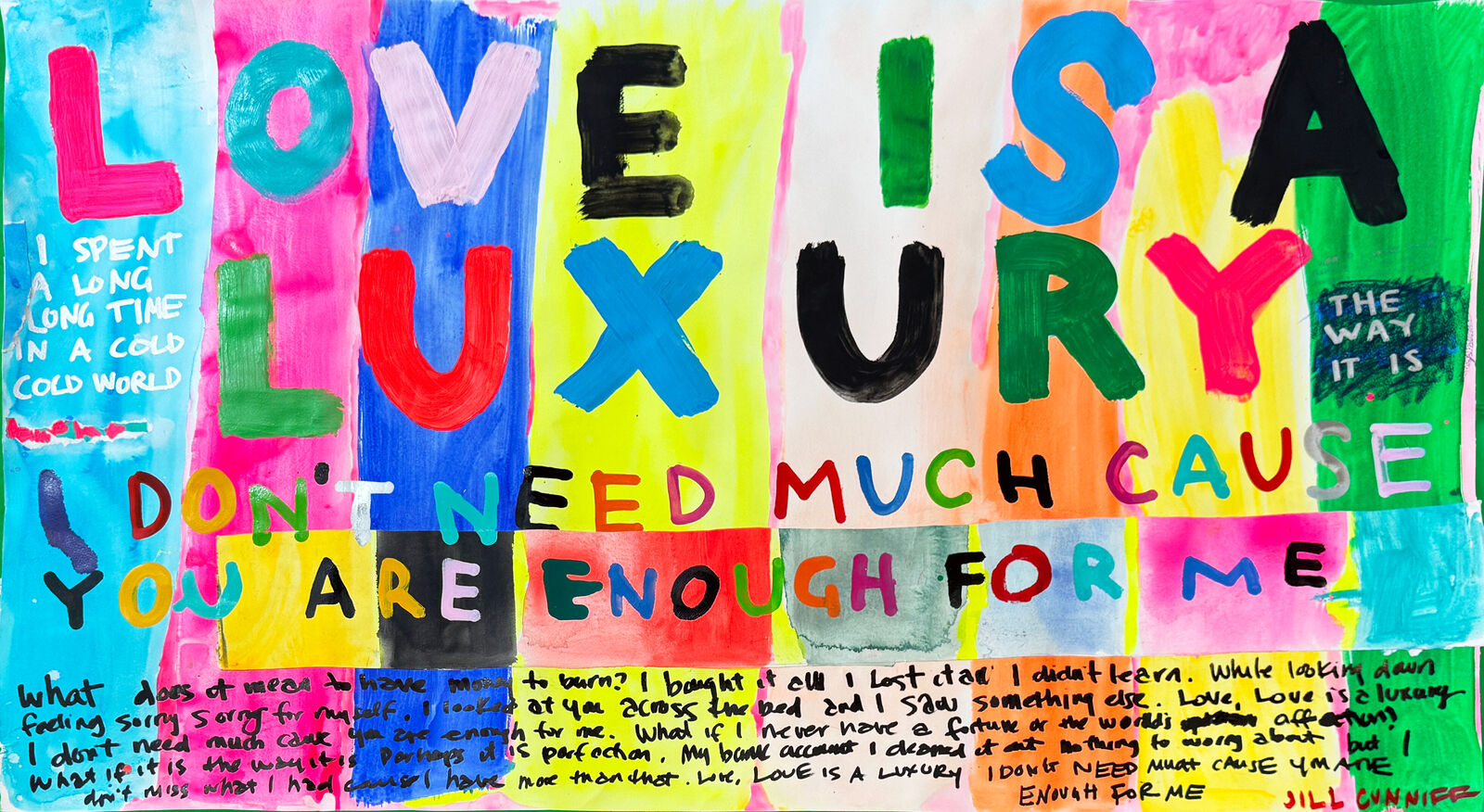 A painting with the words love is a luxury written on it.