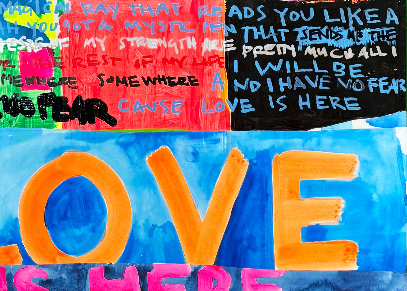 A painting with the words love is here written on it.