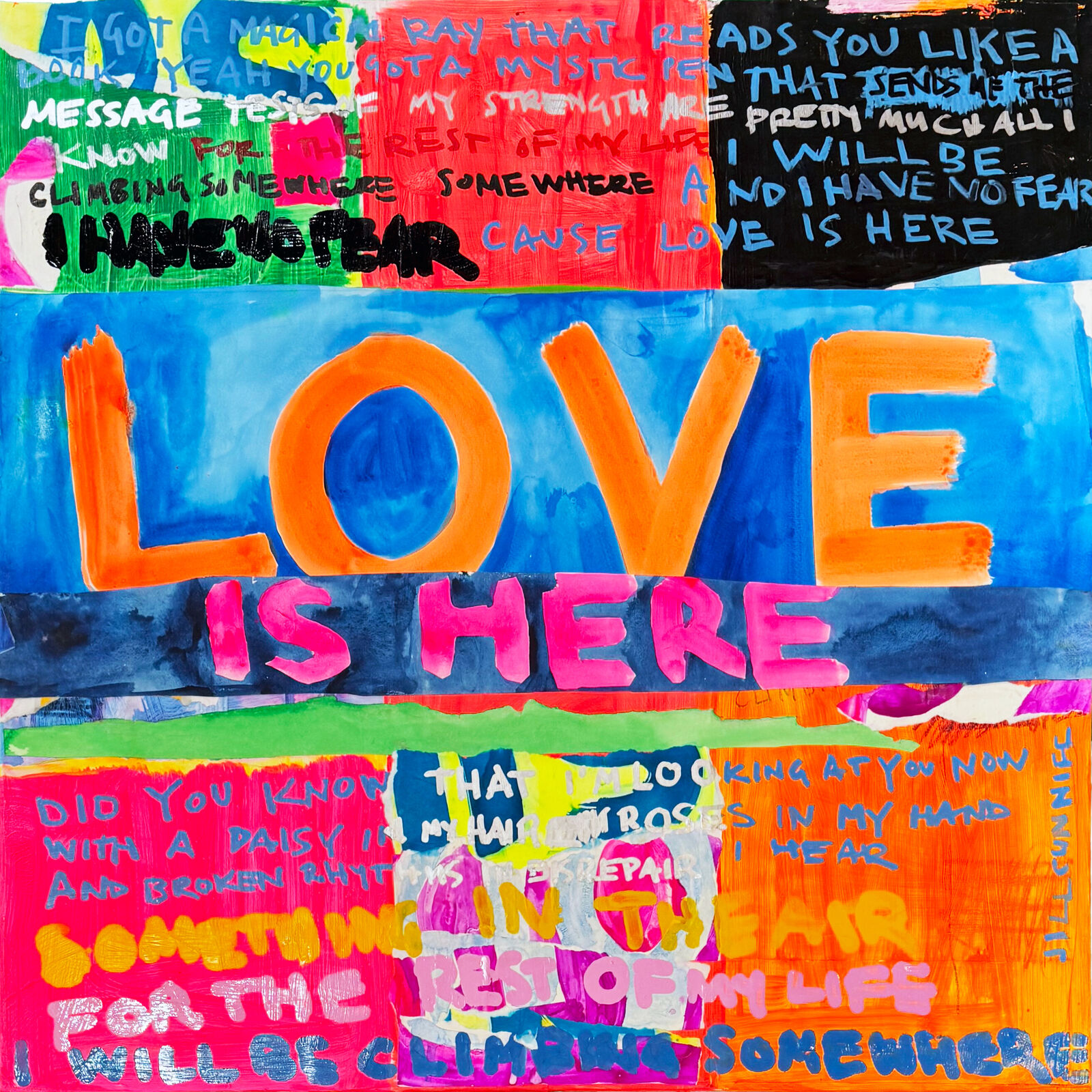A painting with the words love is here written on it.