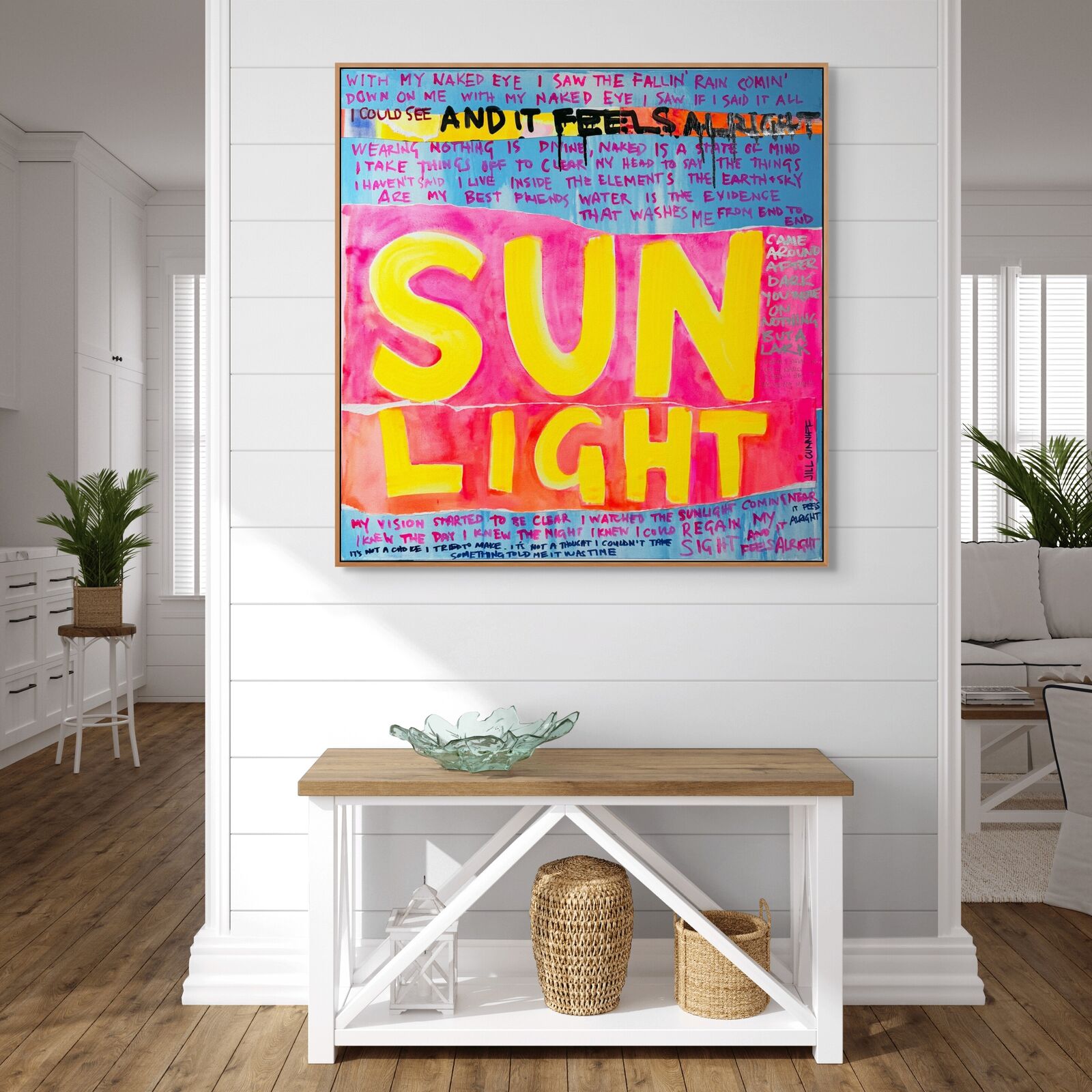 A painting with the words sun light written on it.