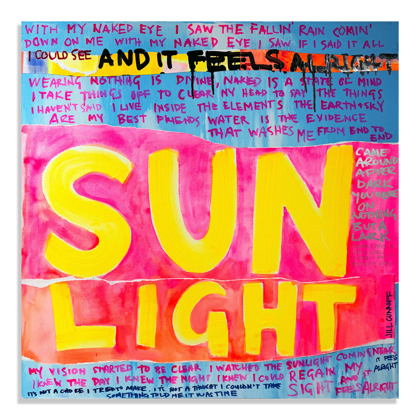 A painting with the words sun light written on it.