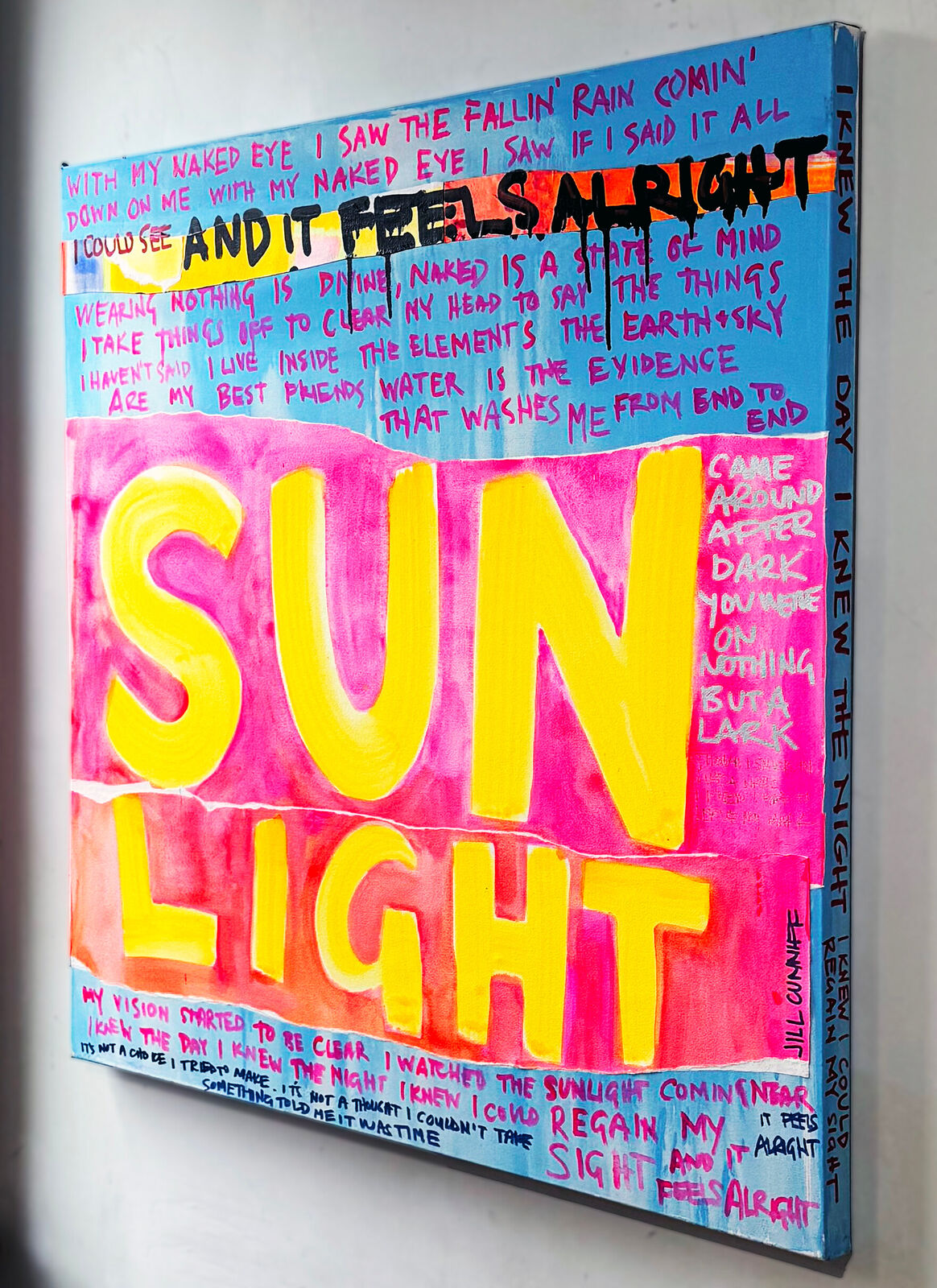 A painting with the words sun light written on it.
