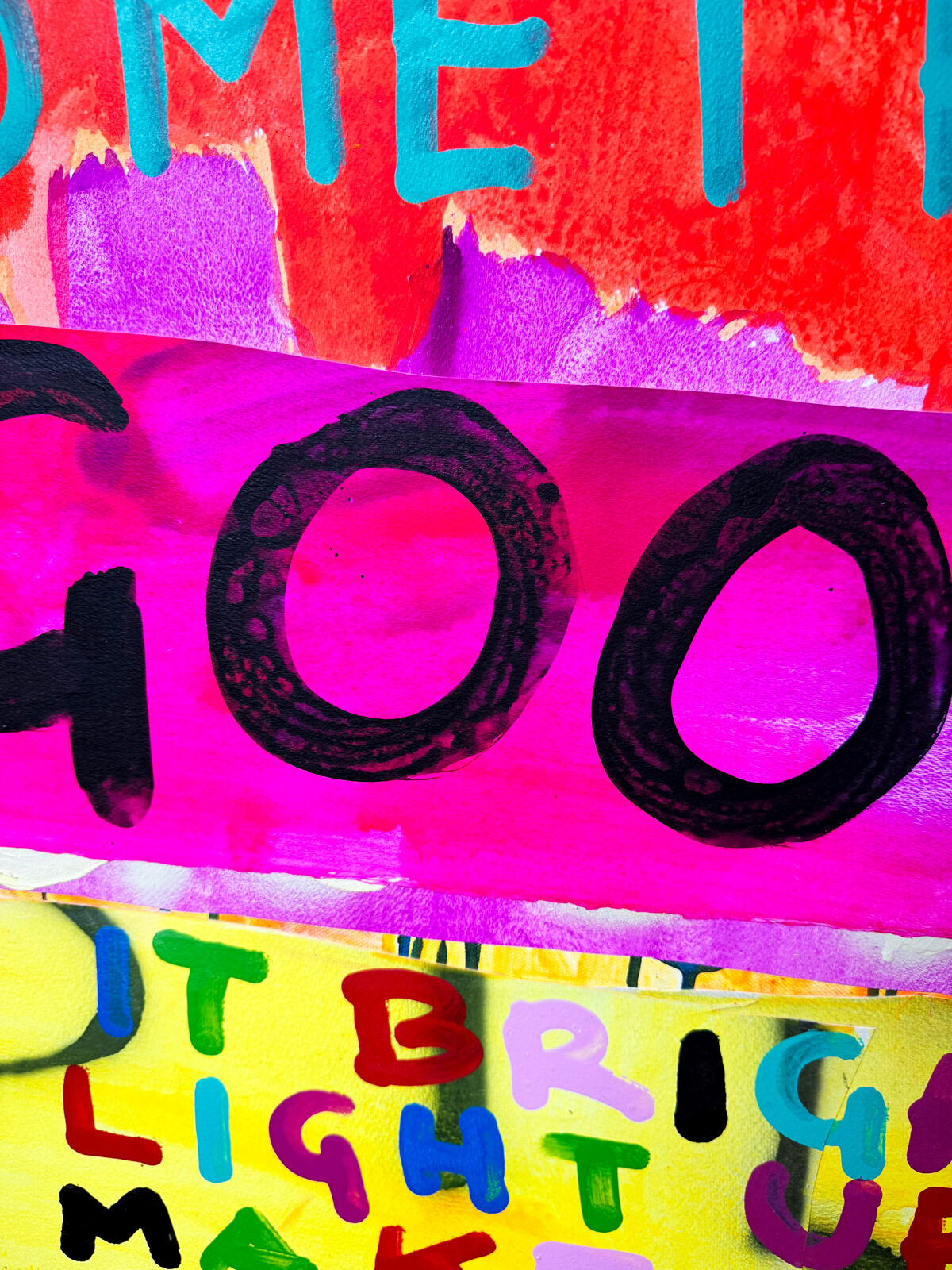 A painting with the words tell me something good on it.