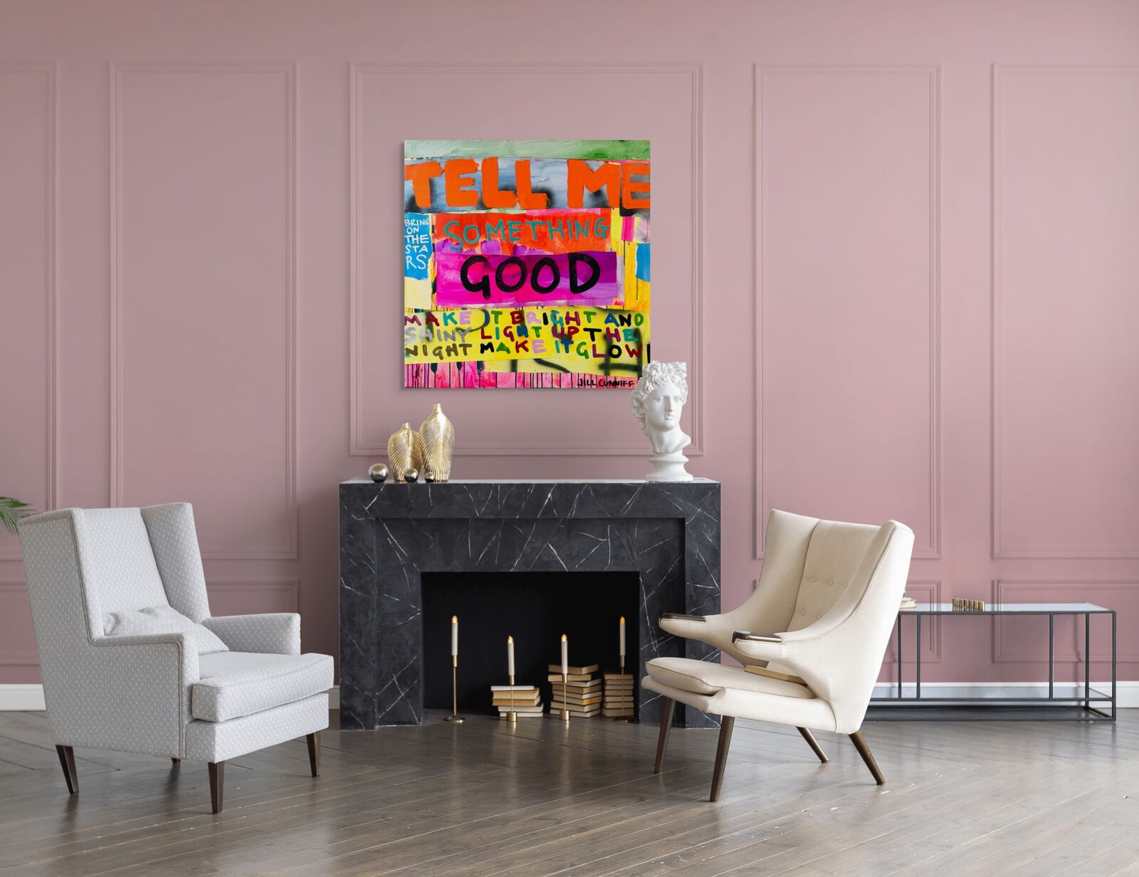 A painting with the words tell me something good on it.