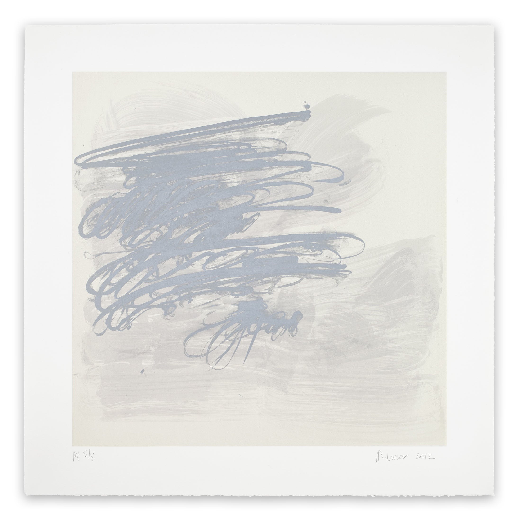 A blue and white painting on a white wall.