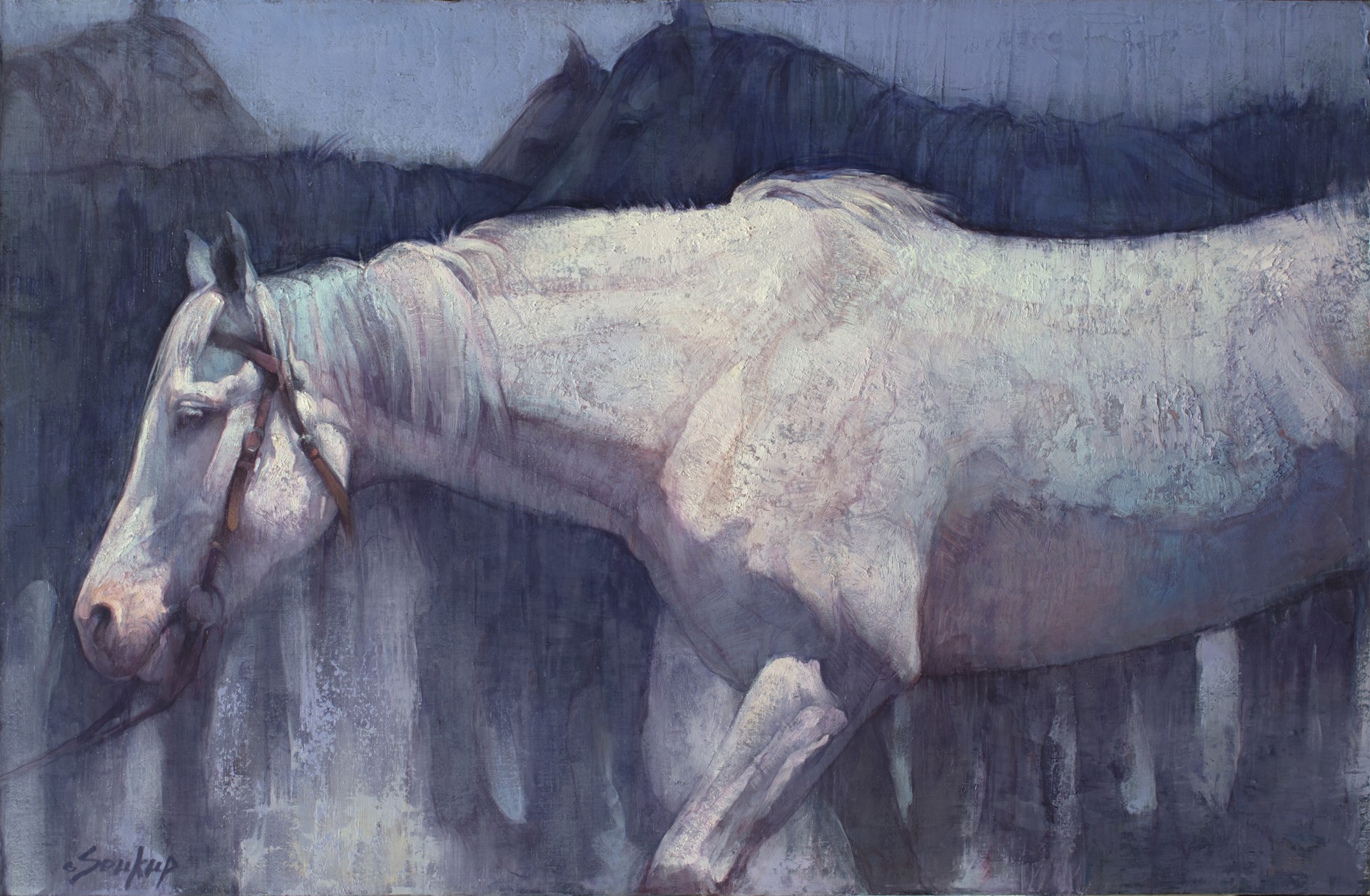 A painting of a white horse standing in a field.