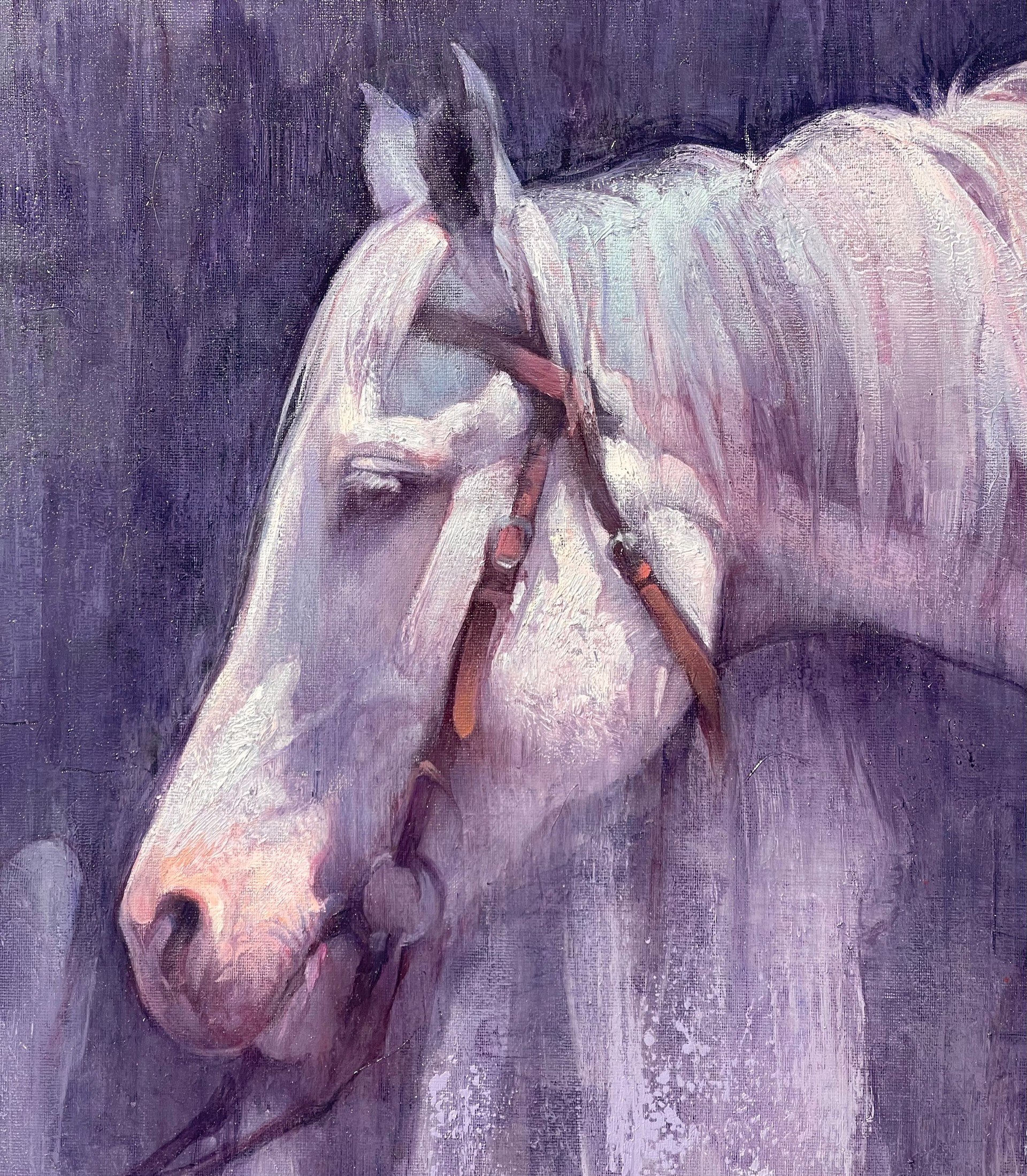 A painting of a white horse standing in a field.