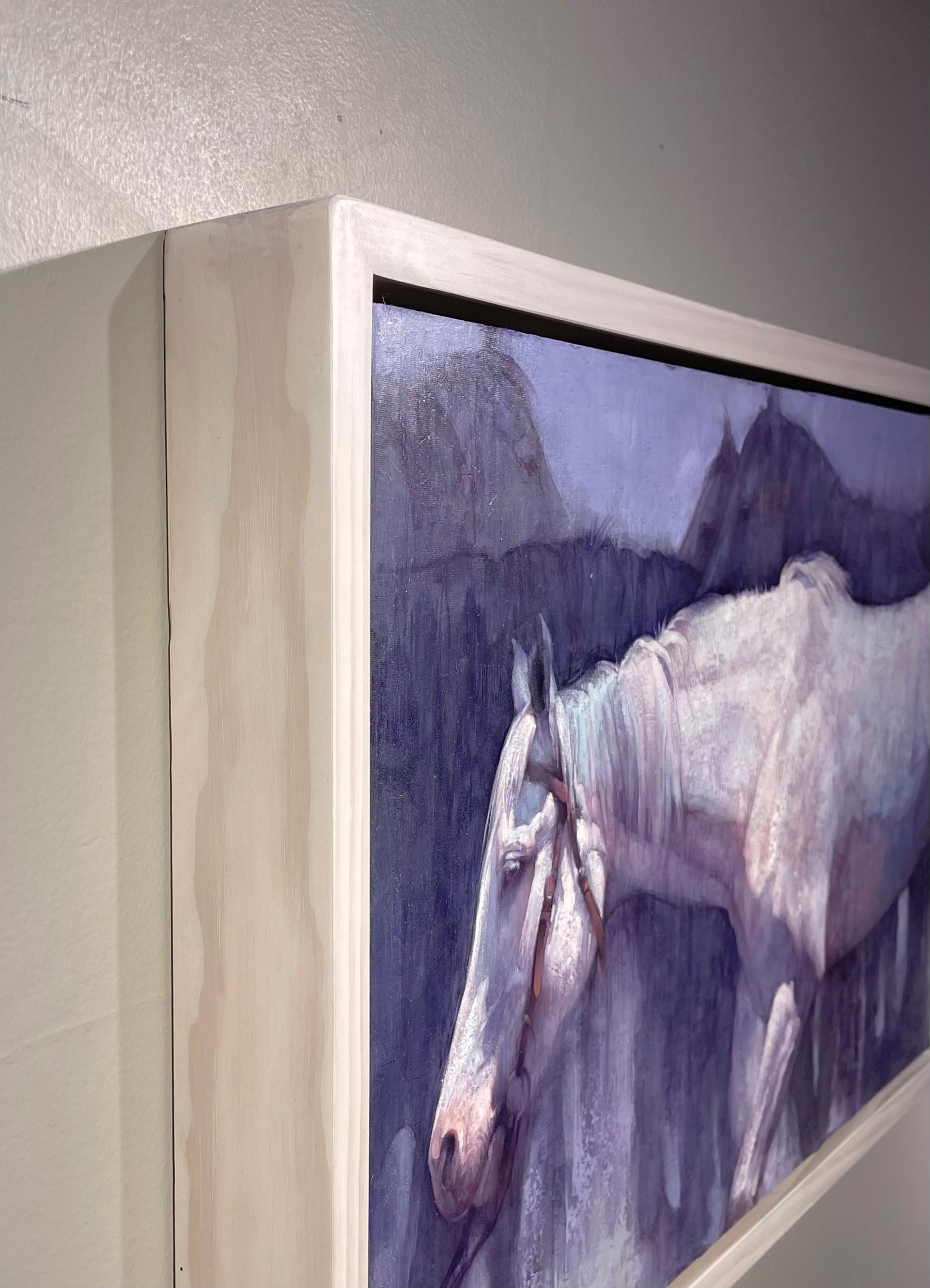 A painting of a white horse standing in a field.