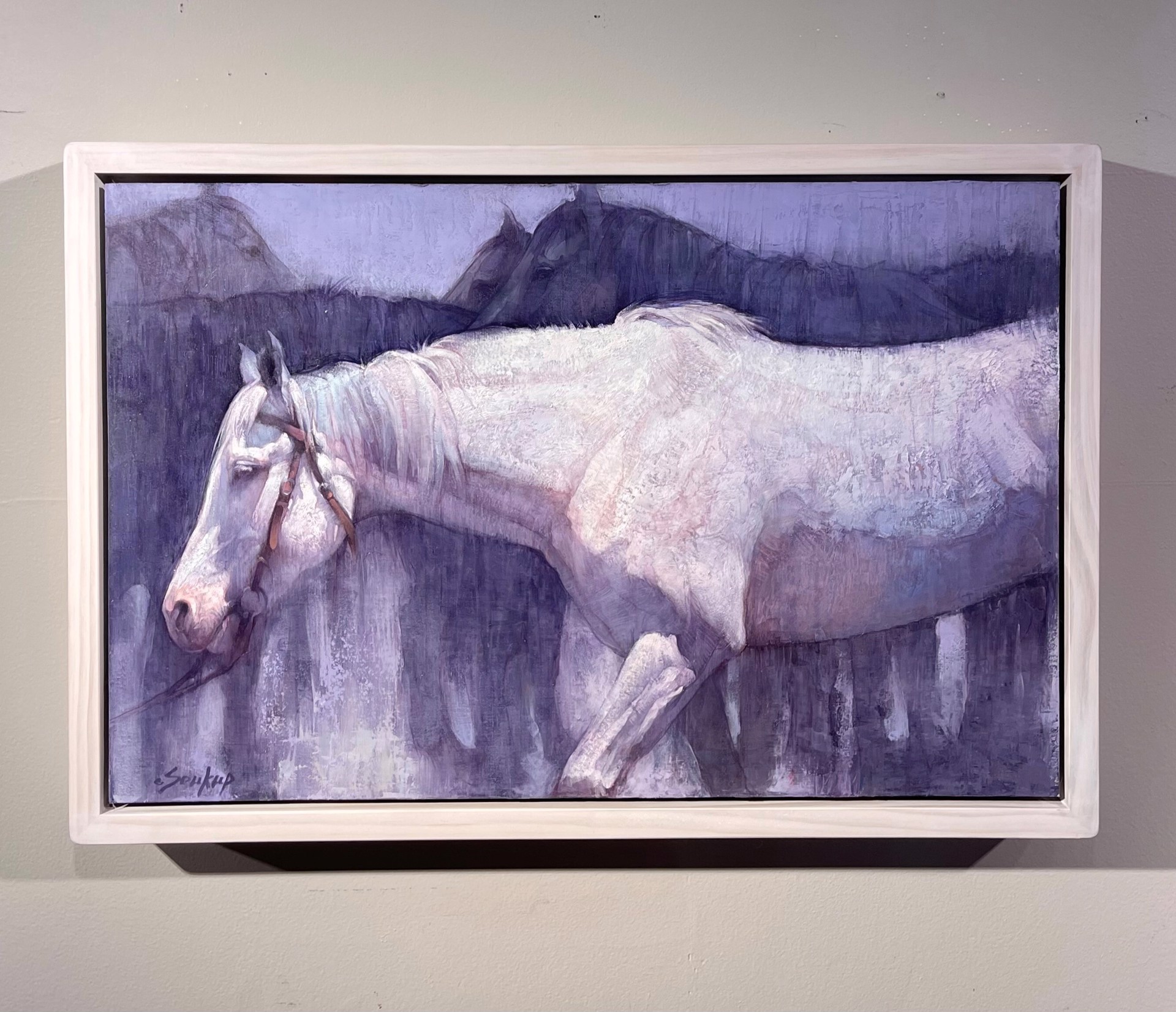 A painting of a white horse standing in a field.
