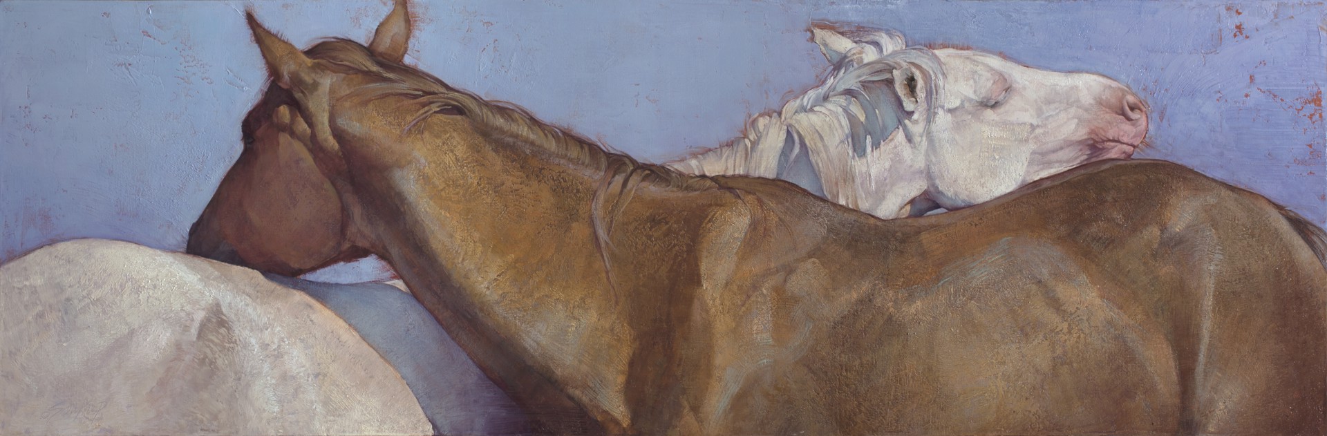 A painting of two horses laying down on a blue background.