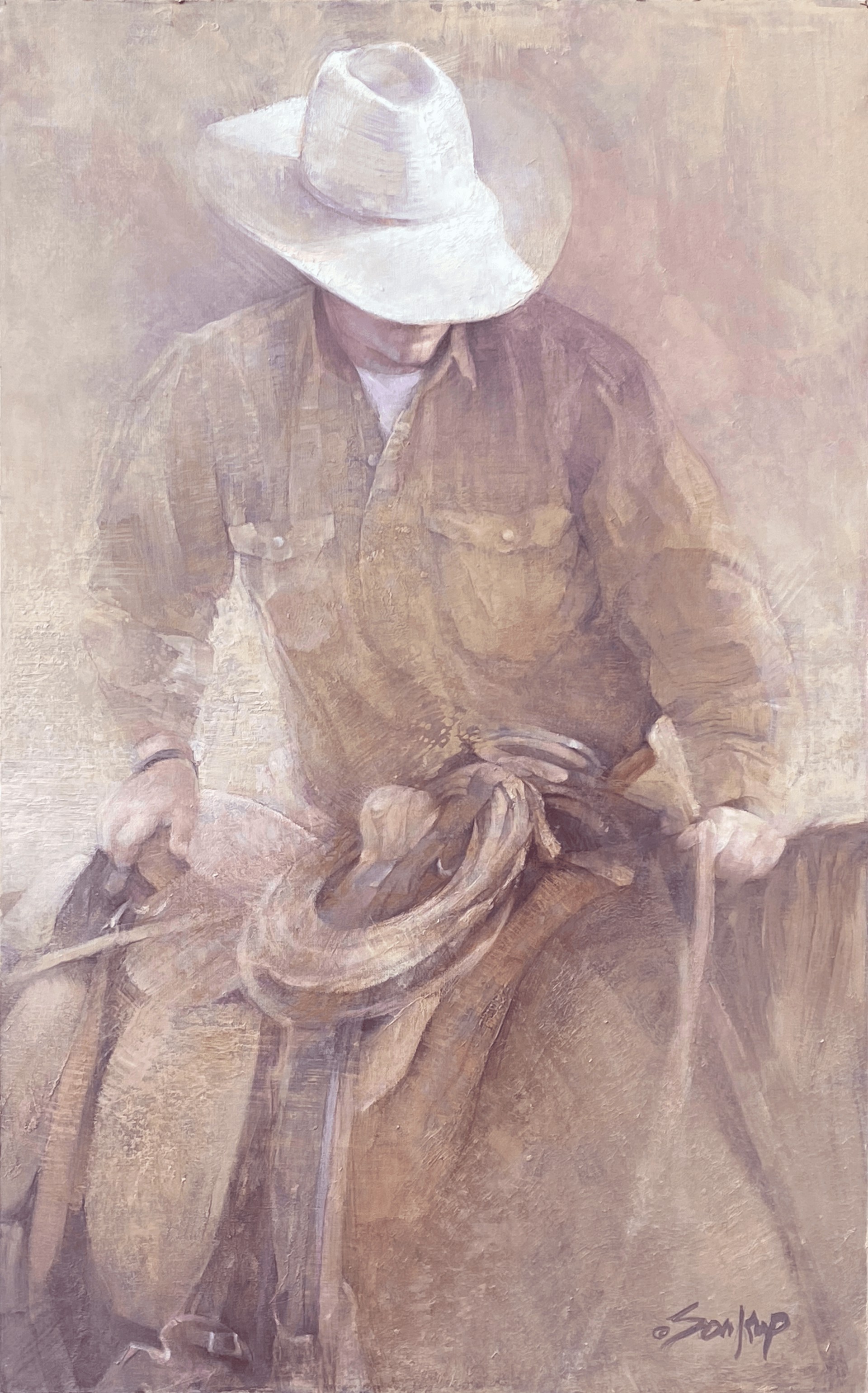 A figure in a cowboy hat sits on a horse, rendered in soft, earthy tones.