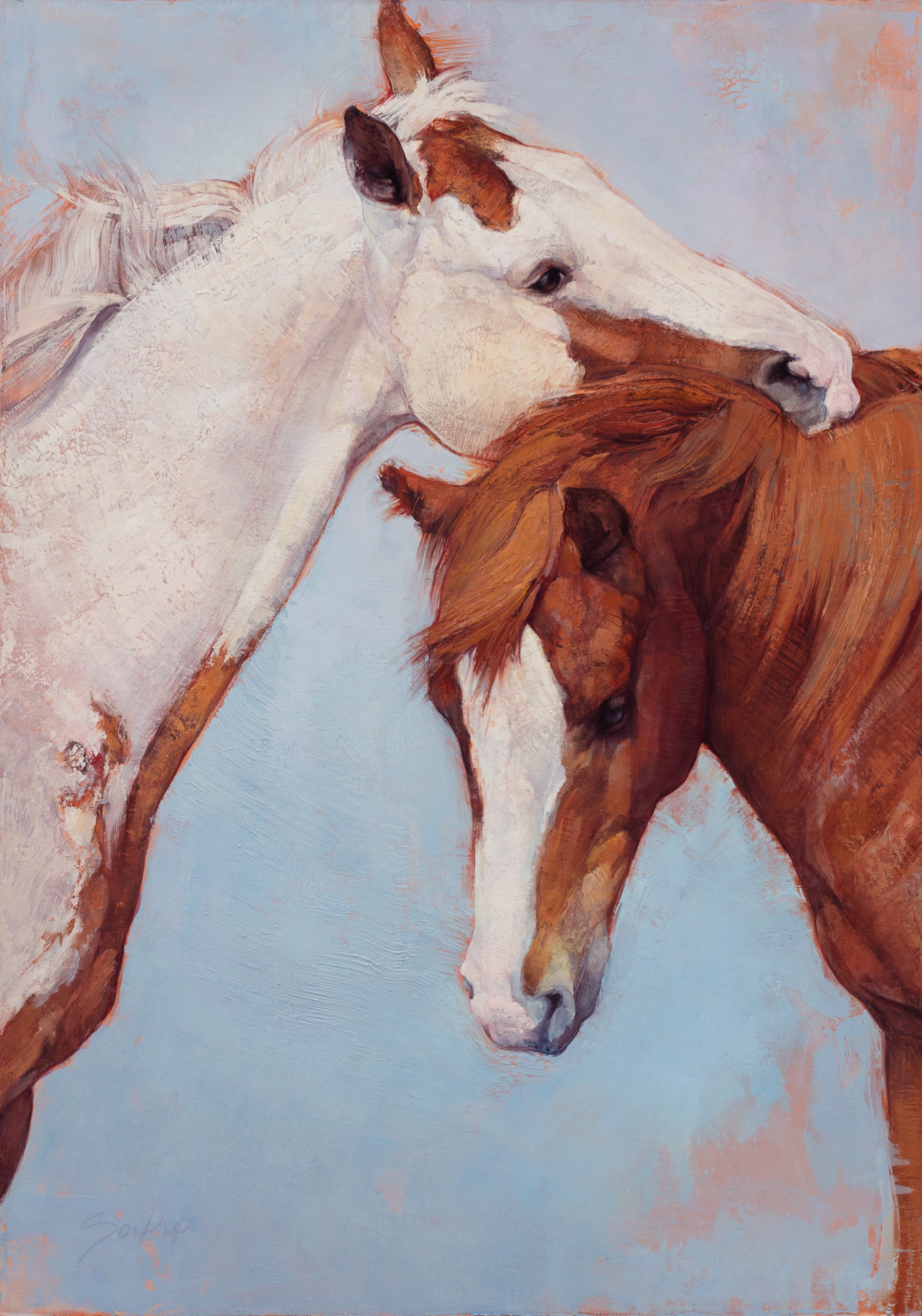 A tender oil painting of two horses sharing a gentle moment against a soft blue background.
