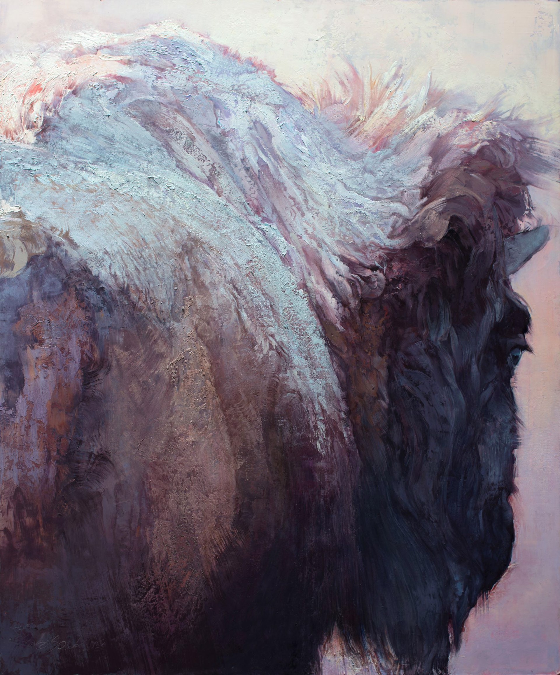 A painting of a bison with a pink background. 