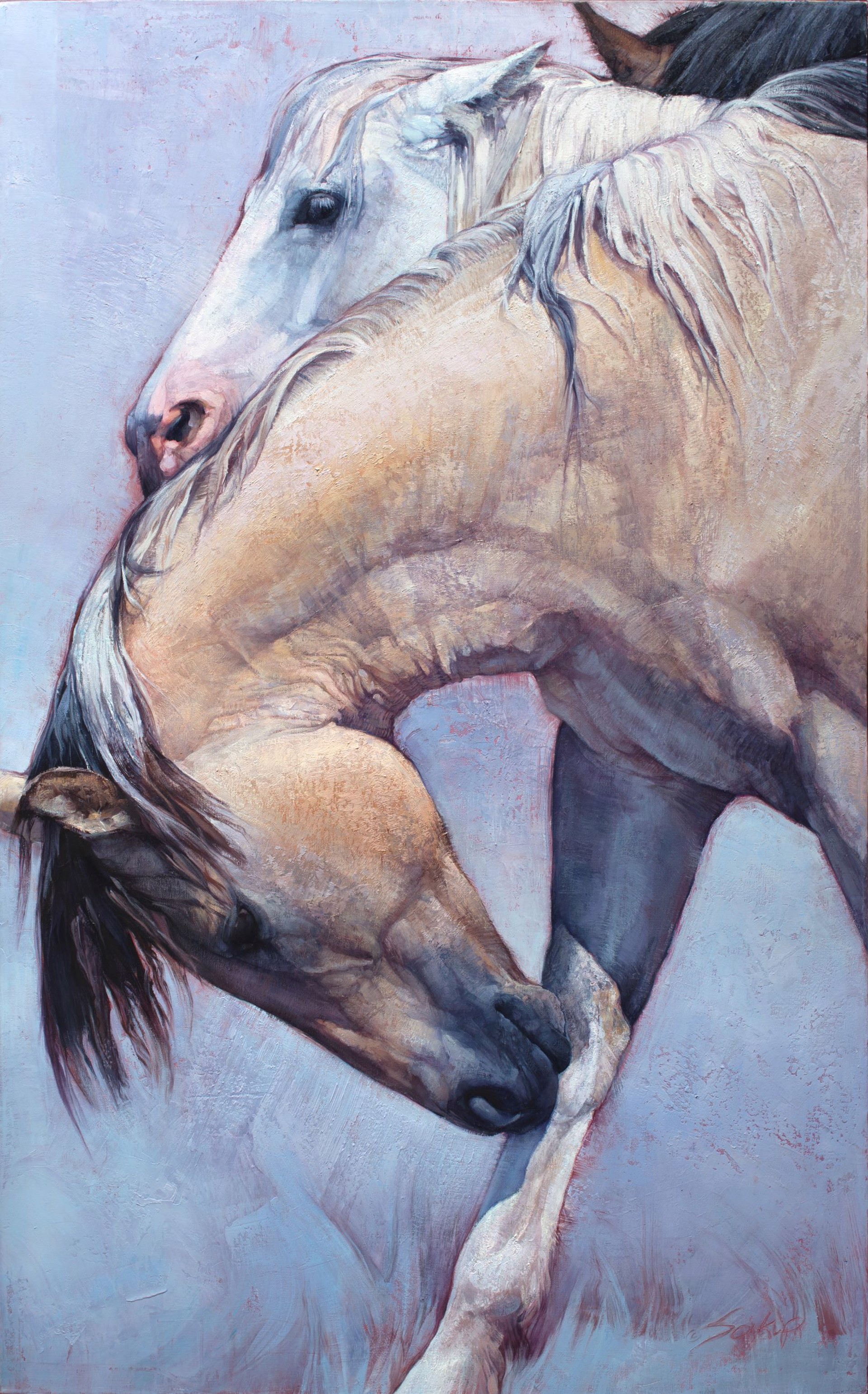 A tender oil painting of two horses embracing in a soft, pastel palette.