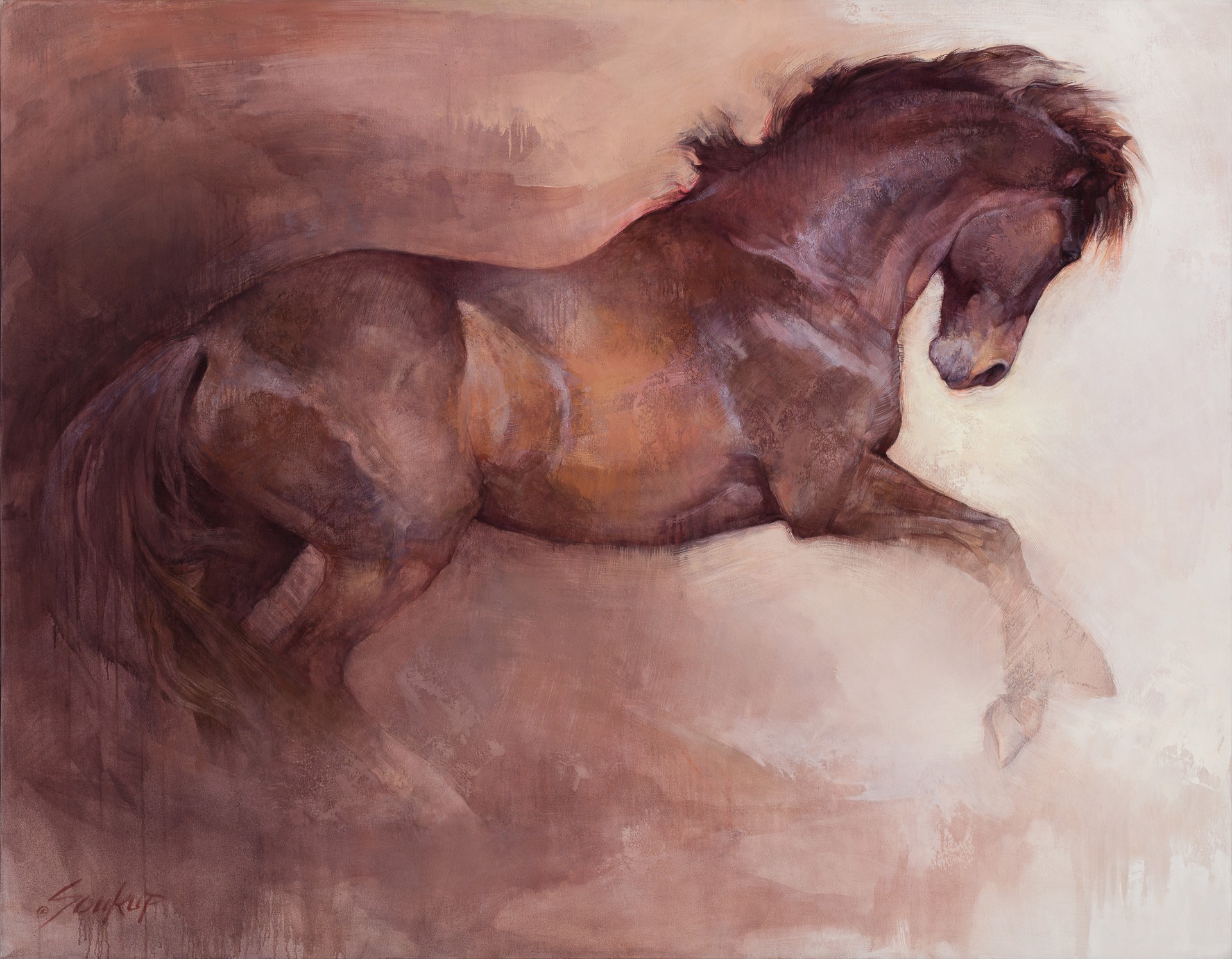 A dynamic watercolor painting of a powerful horse in motion.