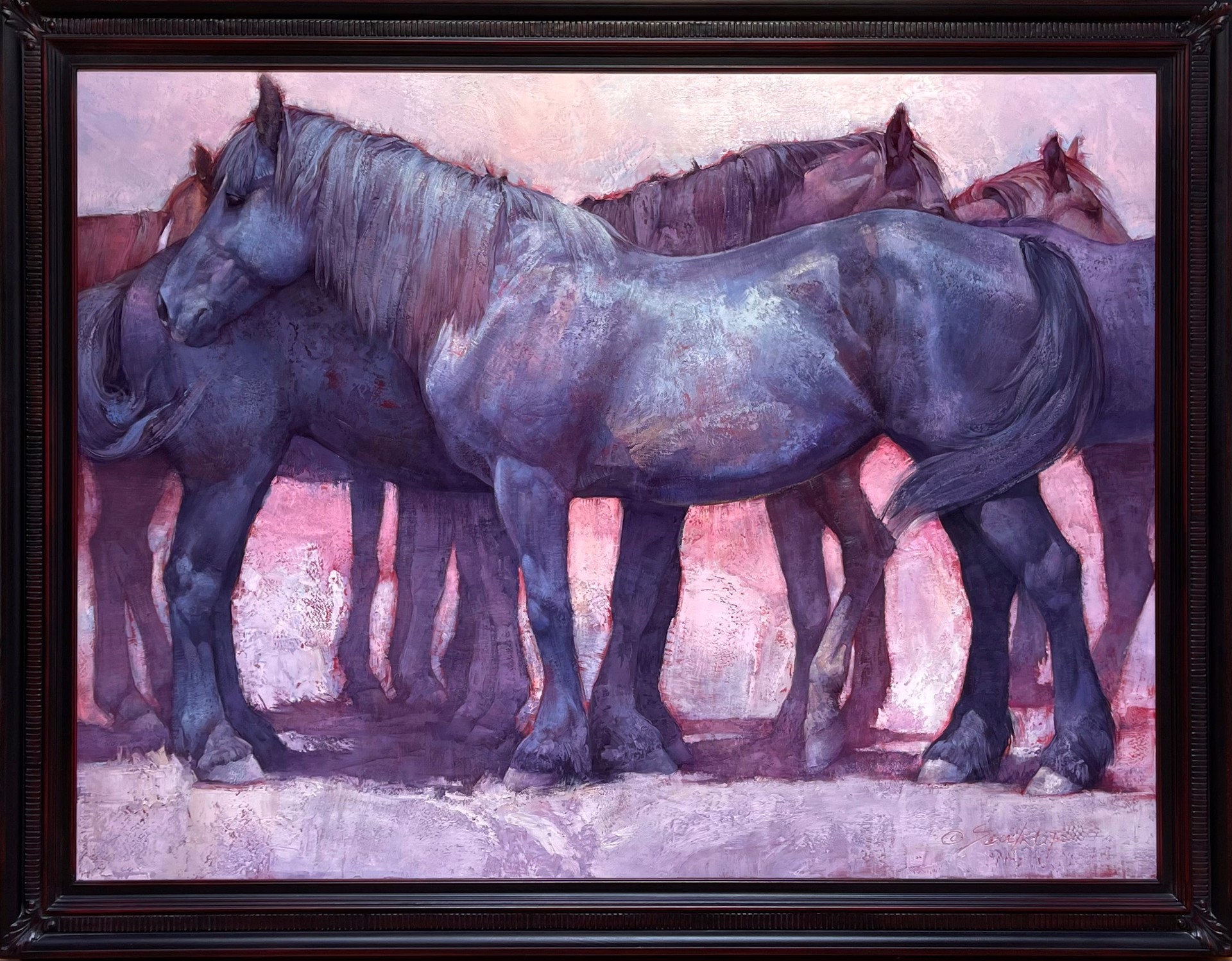 A painting of a group of horses standing next to each other.