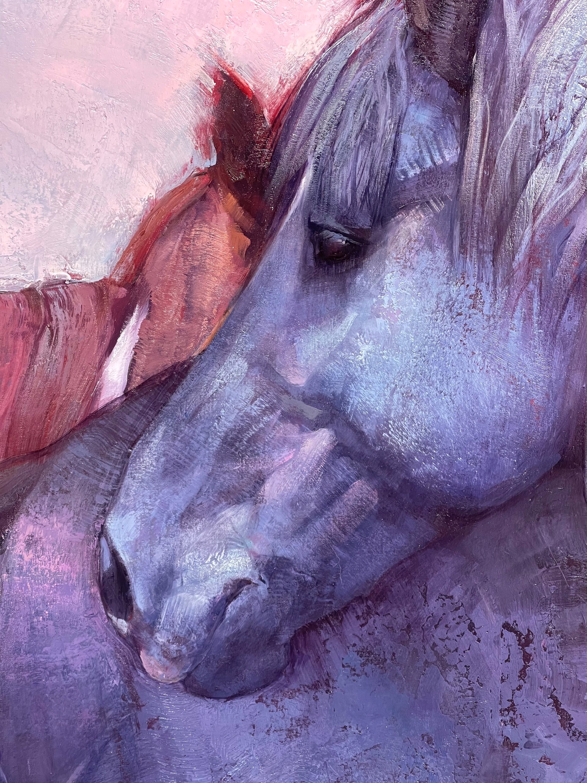 A painting of a group of horses standing next to each other.