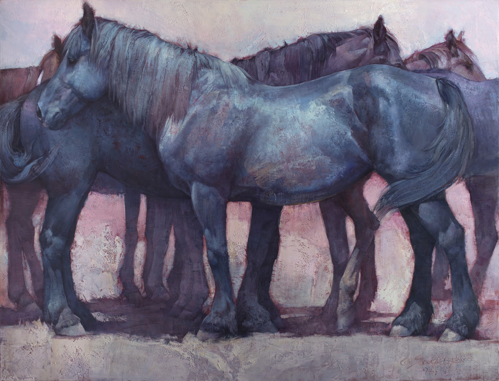 A painting of a group of horses standing next to each other.