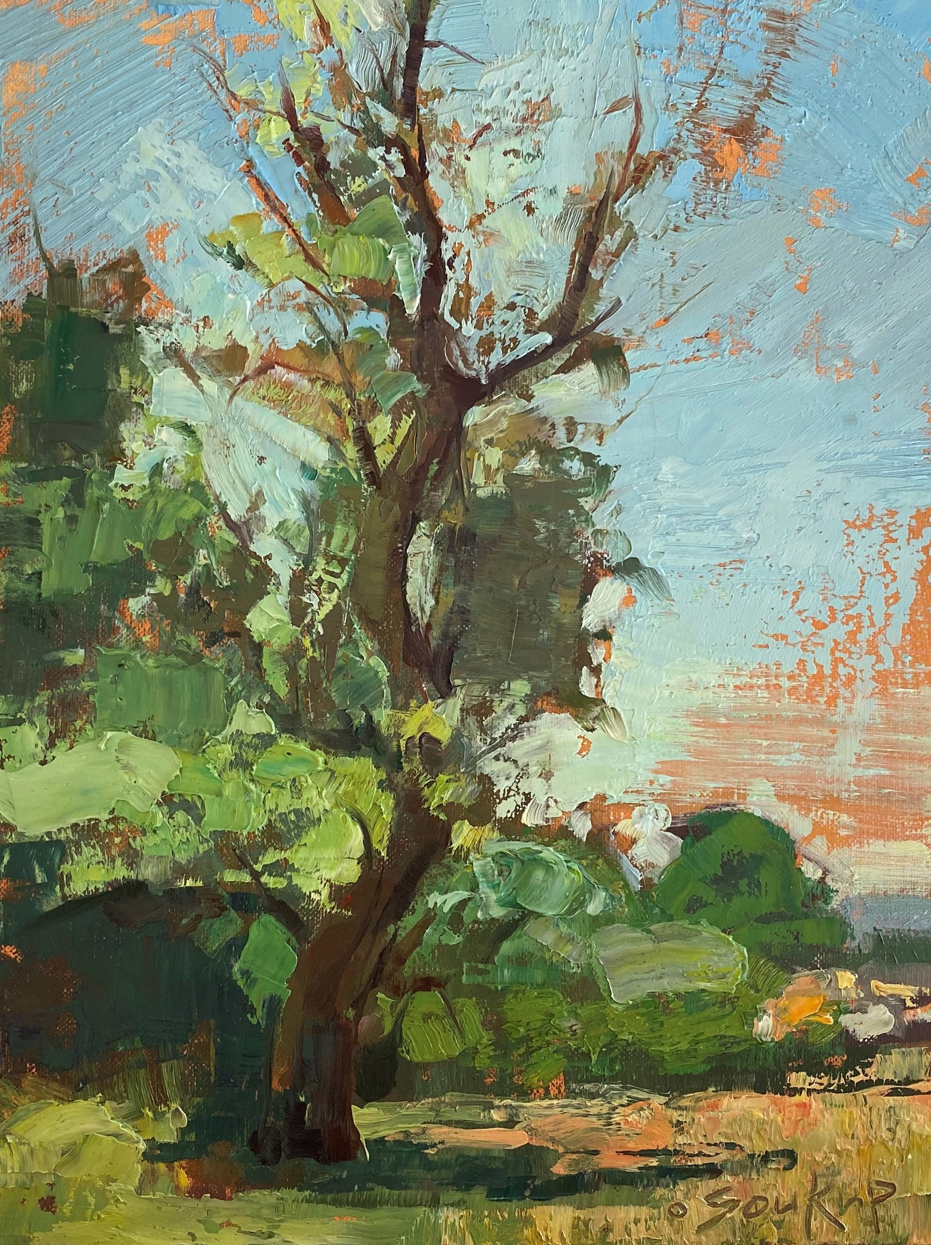 An expressive landscape painting featuring a solitary tree against a vibrant sky.