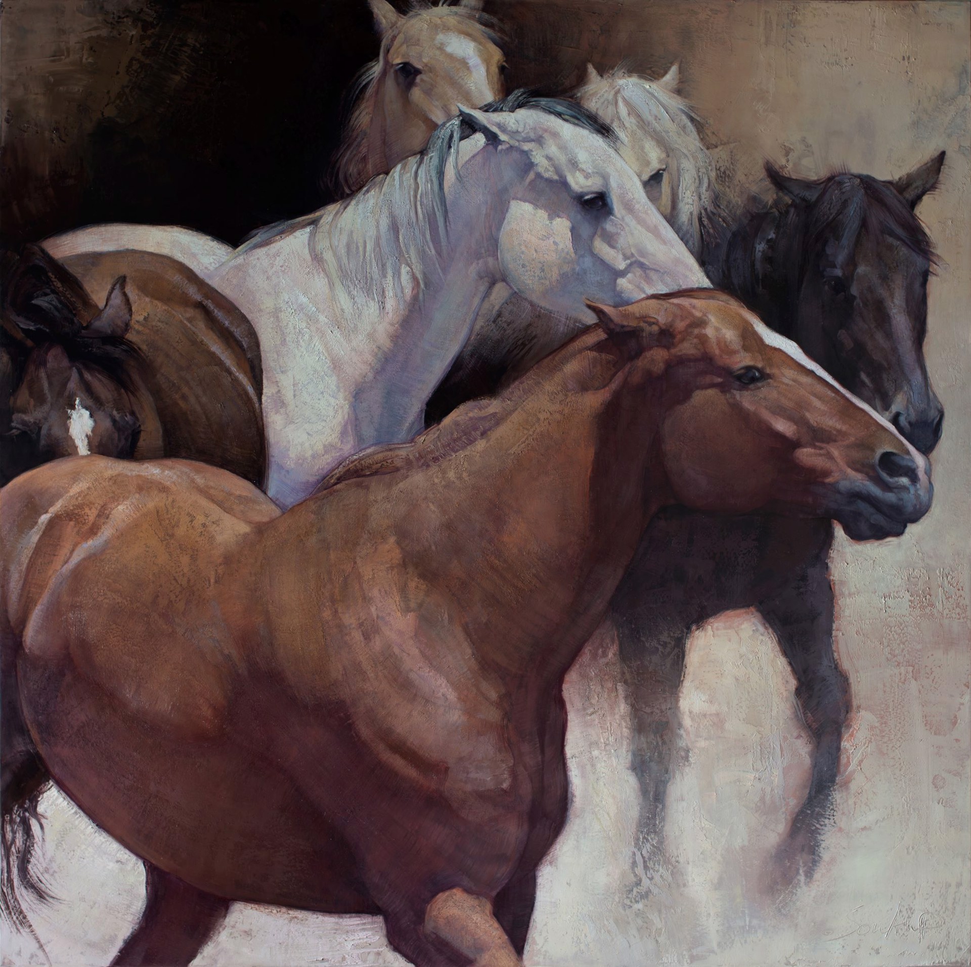 A painting of a group of horses running in a field.
