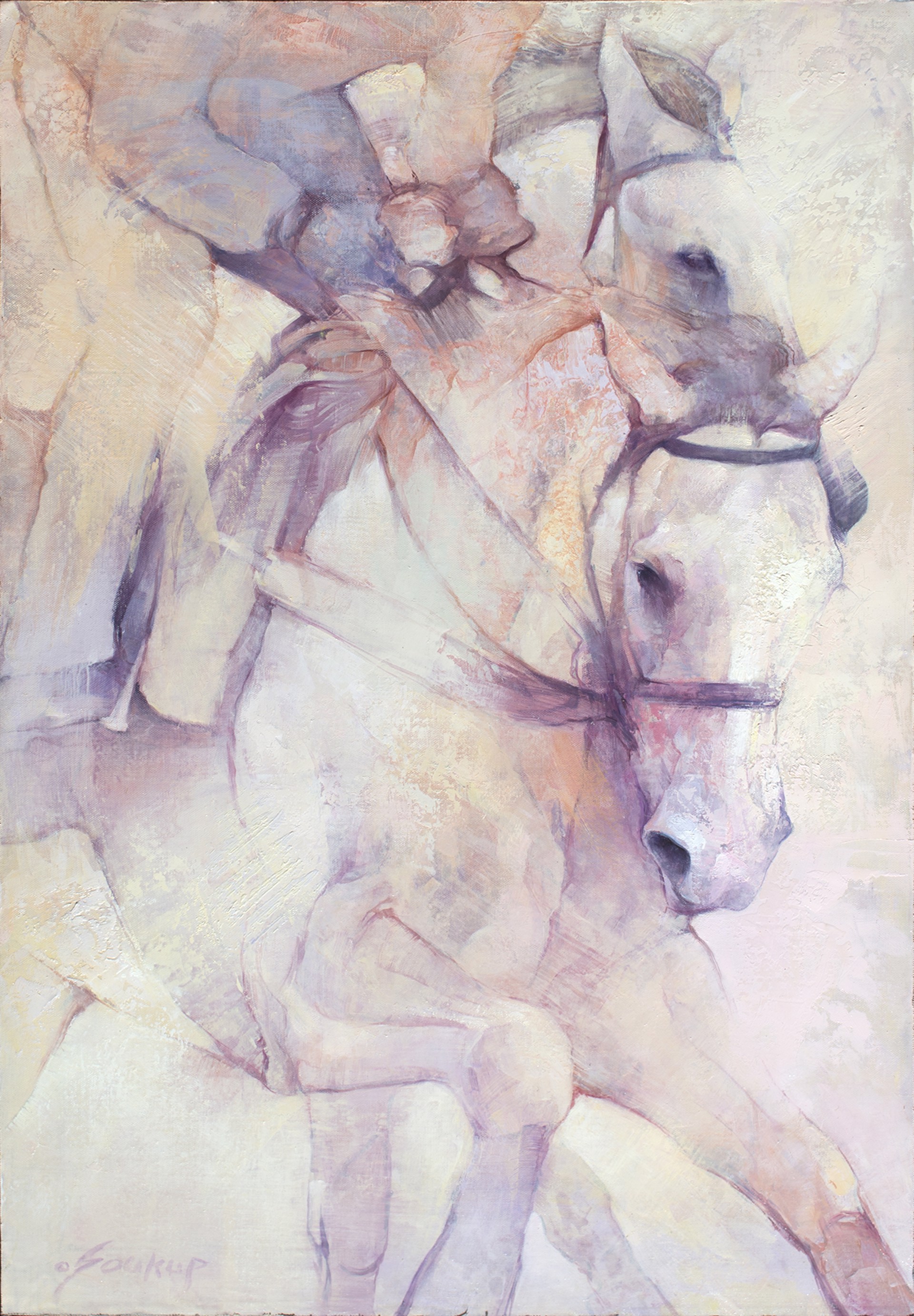 A painting of two horses with a man riding on the back of them.