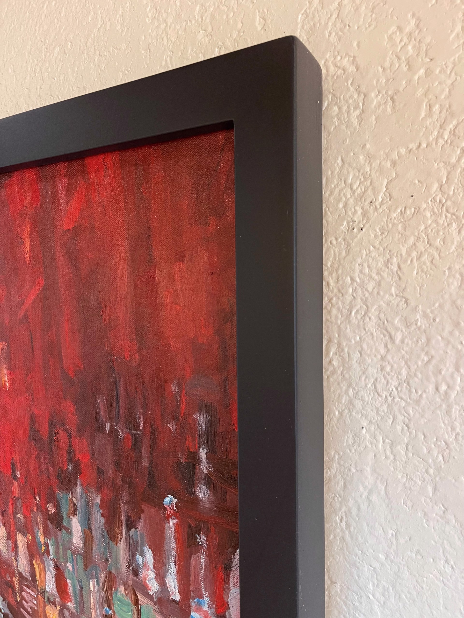 A painting of people sitting at a bar in a restaurant.